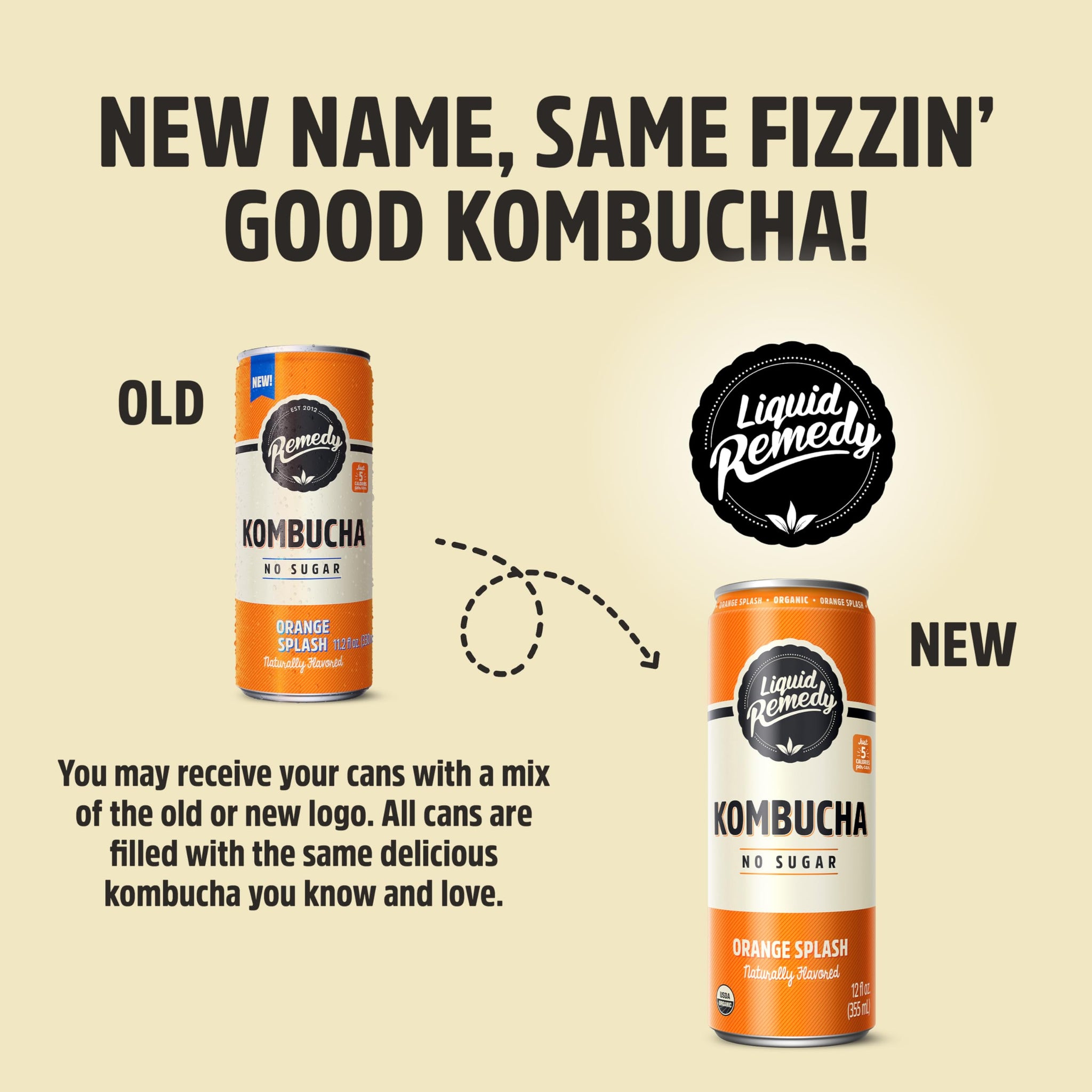 Liquid Remedy Kombucha Sugar Free Organic Drink, Low Calorie, Probiotic Like Tea for Gut Health - Orange Splash - 12 Fl Oz Can, 4-Pack