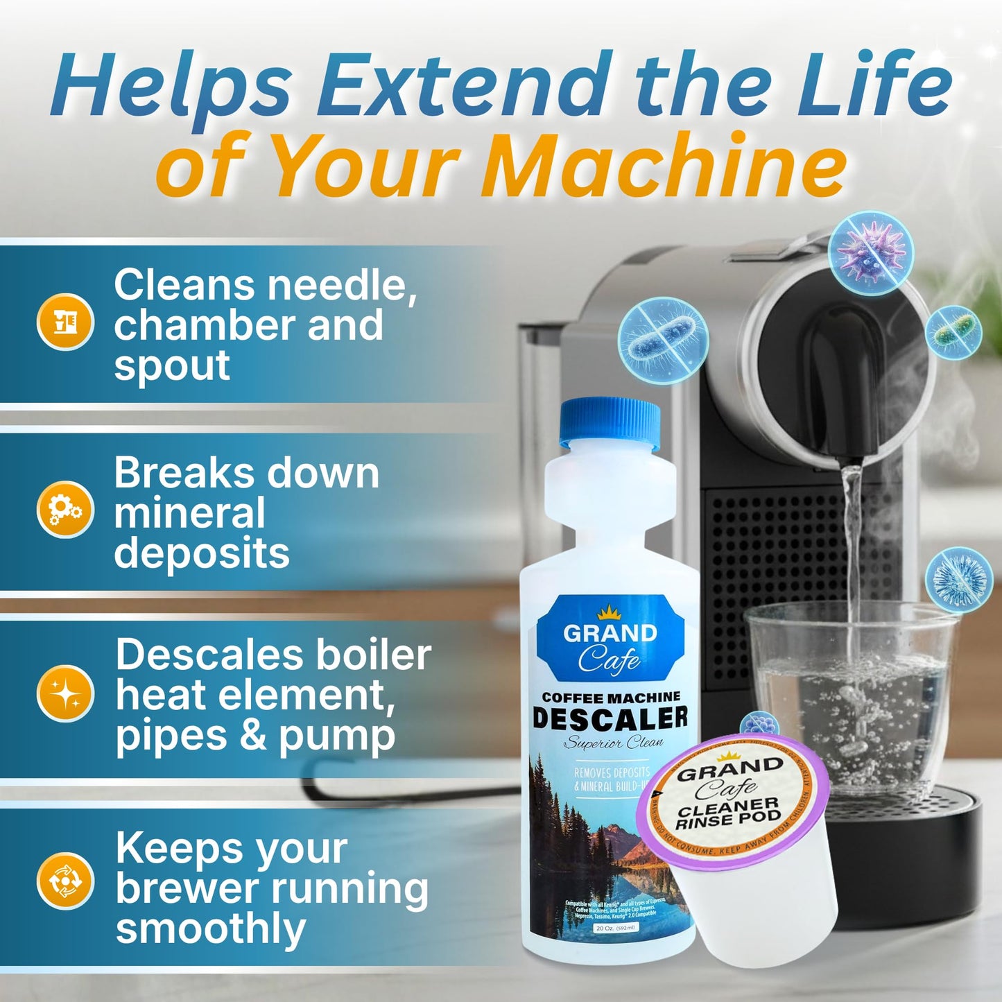 Grand Cafe - Keurig Coffee Machine Descaler and Cleaner Kit - 5 Uses per Bottle + 5 Cleaning Rinse Cups - Compatible with Keurig 2.0 & All