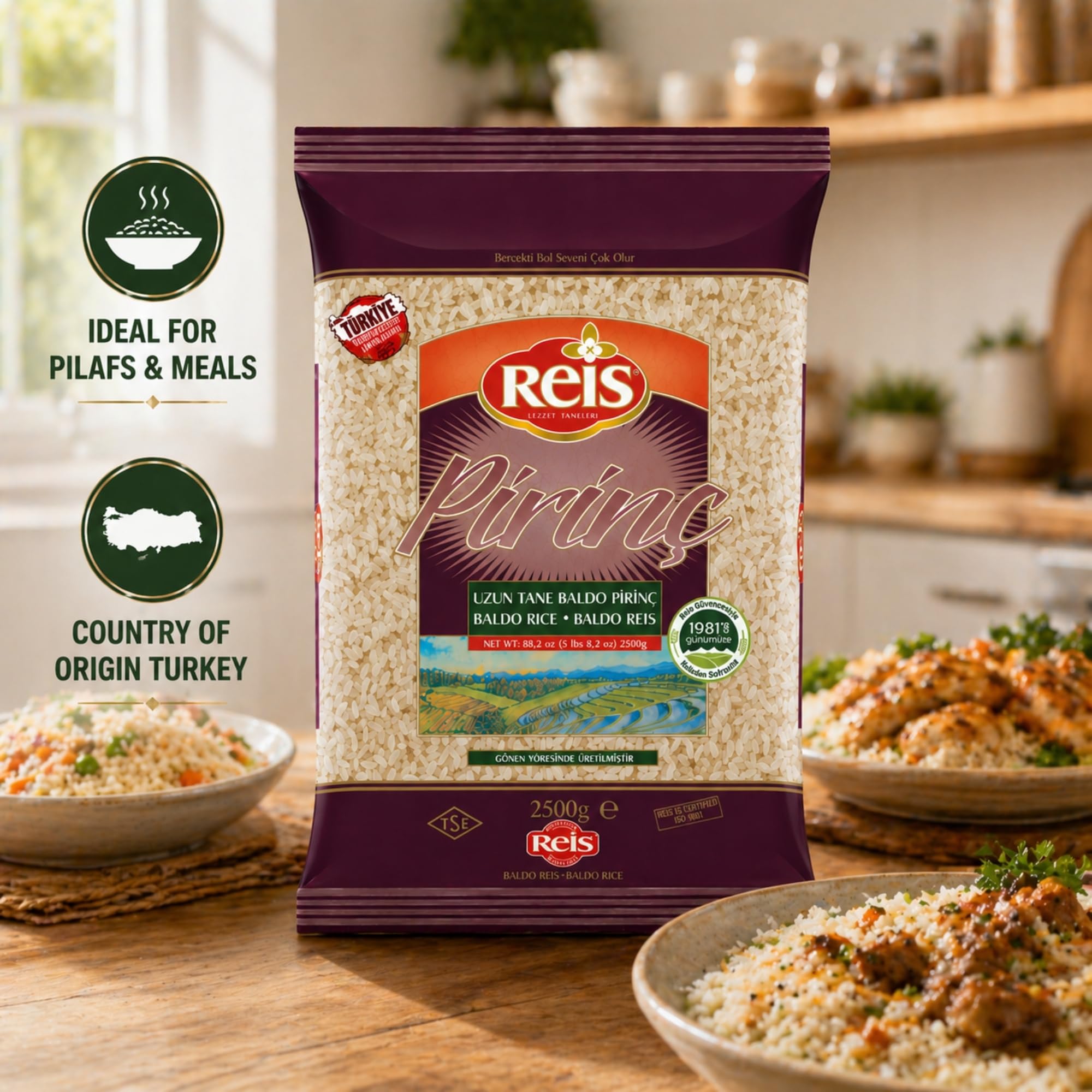 Reis Baldo Rice, Long Grain White Rice, Natural Cereal Bag for Pilafs & Meals, Healthy Pantry Staples, Turkish Grocery Foods, Non-GMO, Bulk, Arroz, Pirinc, Vegan, Halal, 5.5 Lbs (2500g)