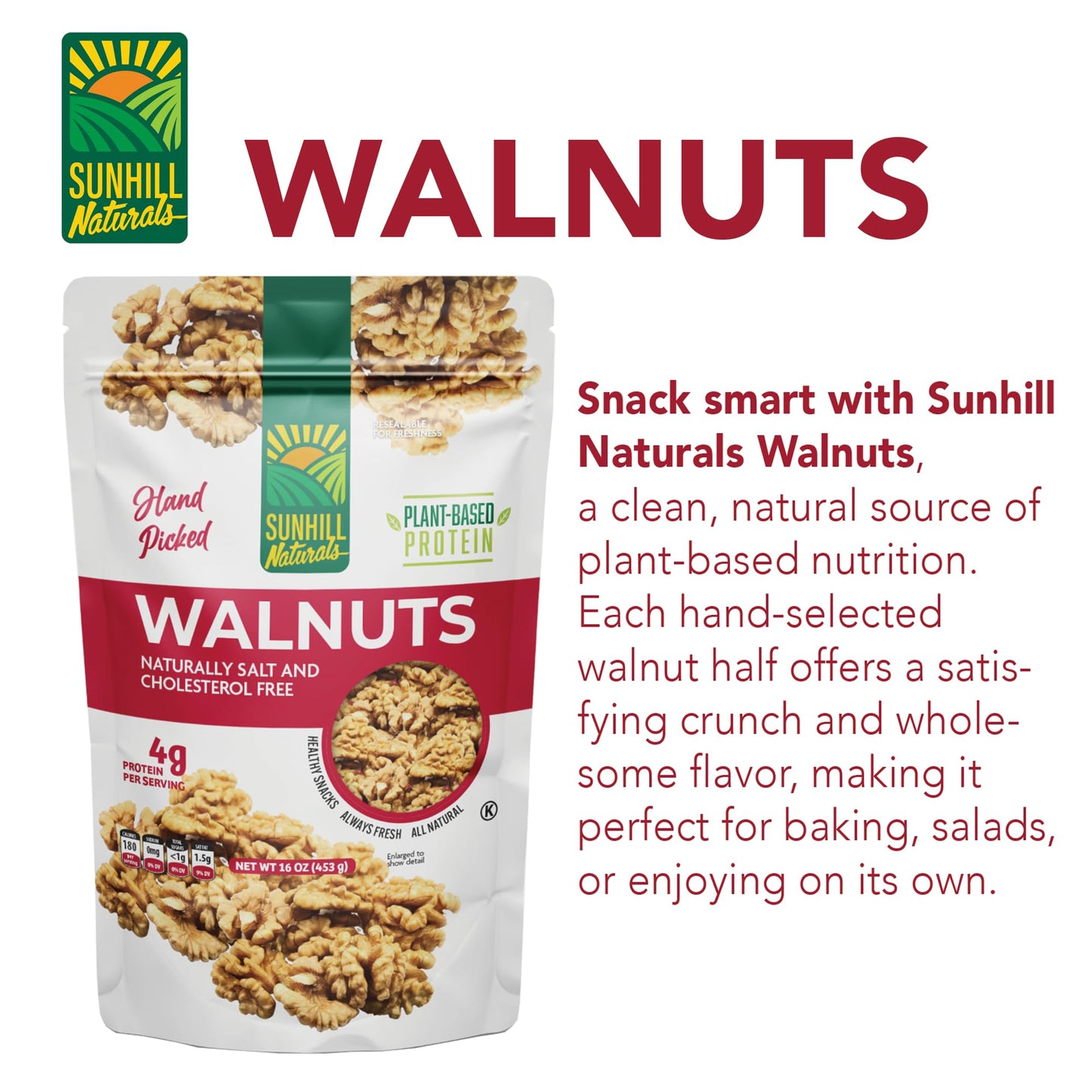 Sunhill Naturals Premium Raw Shelled Walnuts | Fresh Halved Unsalted Raw Chandler Walnuts for Smart Snacking | LHC | Light Halves