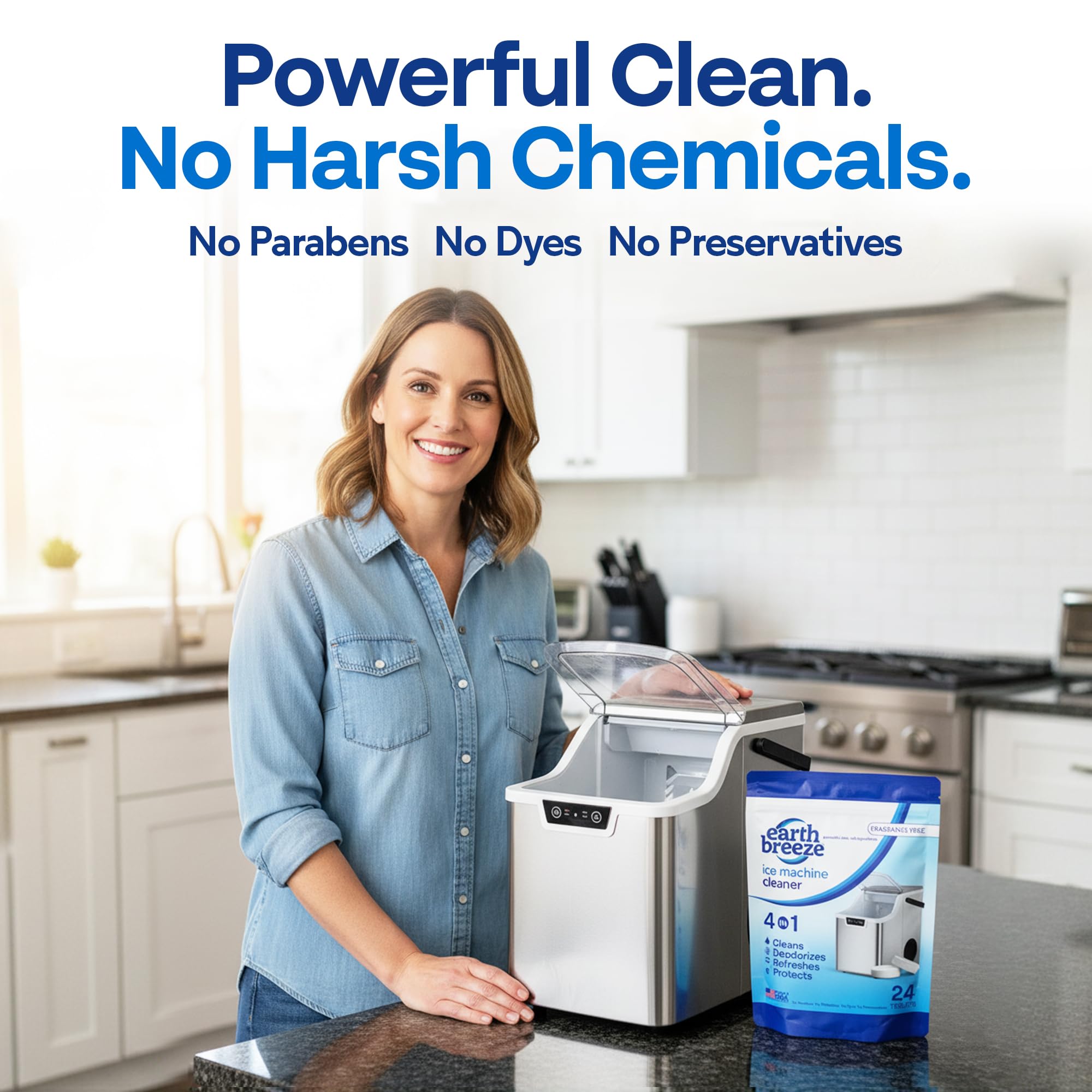 Earth Breeze Ice Machine Cleaner Tablets - 4-in-1 Cleans, Deodorizes, Refreshes & Protects - Fragrance Free, No Harsh Chemicals - Ice Maker Cleaner