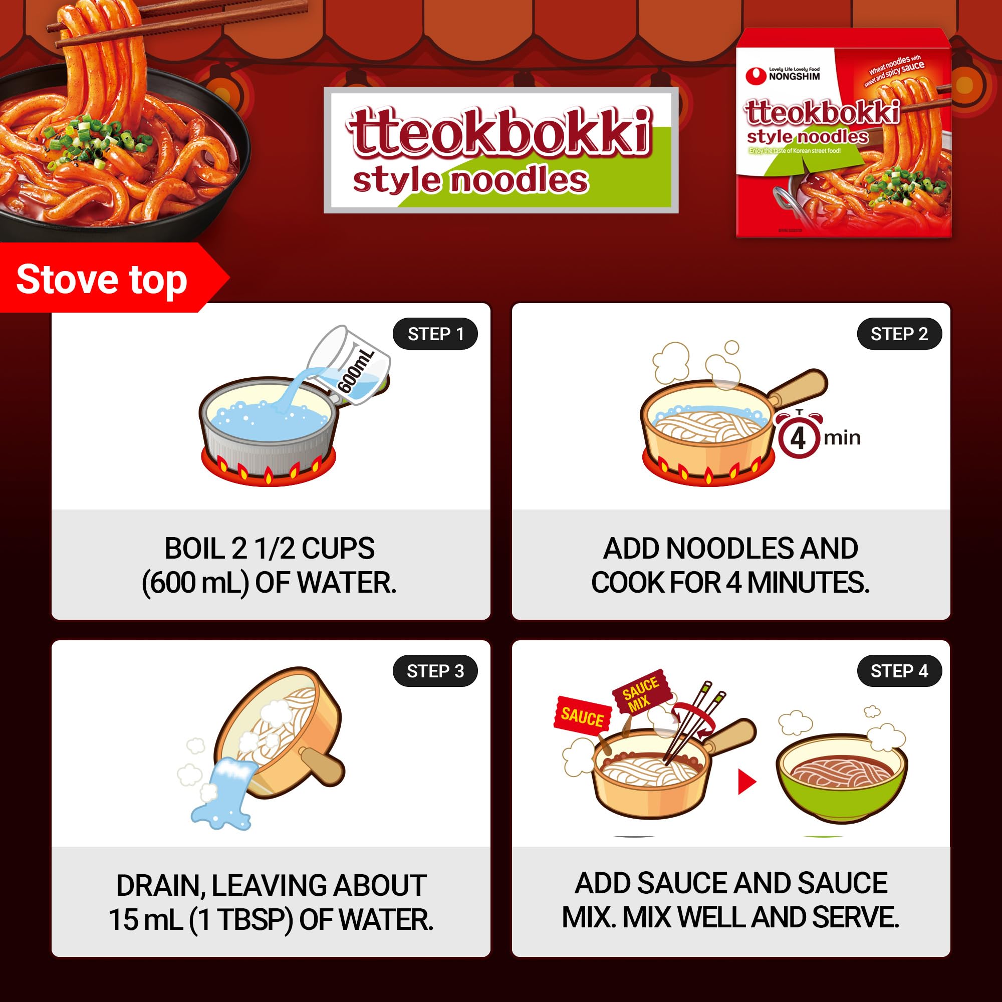 Nongshim Tteokbokki Style Noodles, Sweet and Spicy Sauce, Korean Instant Noodles, Wheat Stir Fry Style Noodles, Korean Street Food-Inspired Flavor