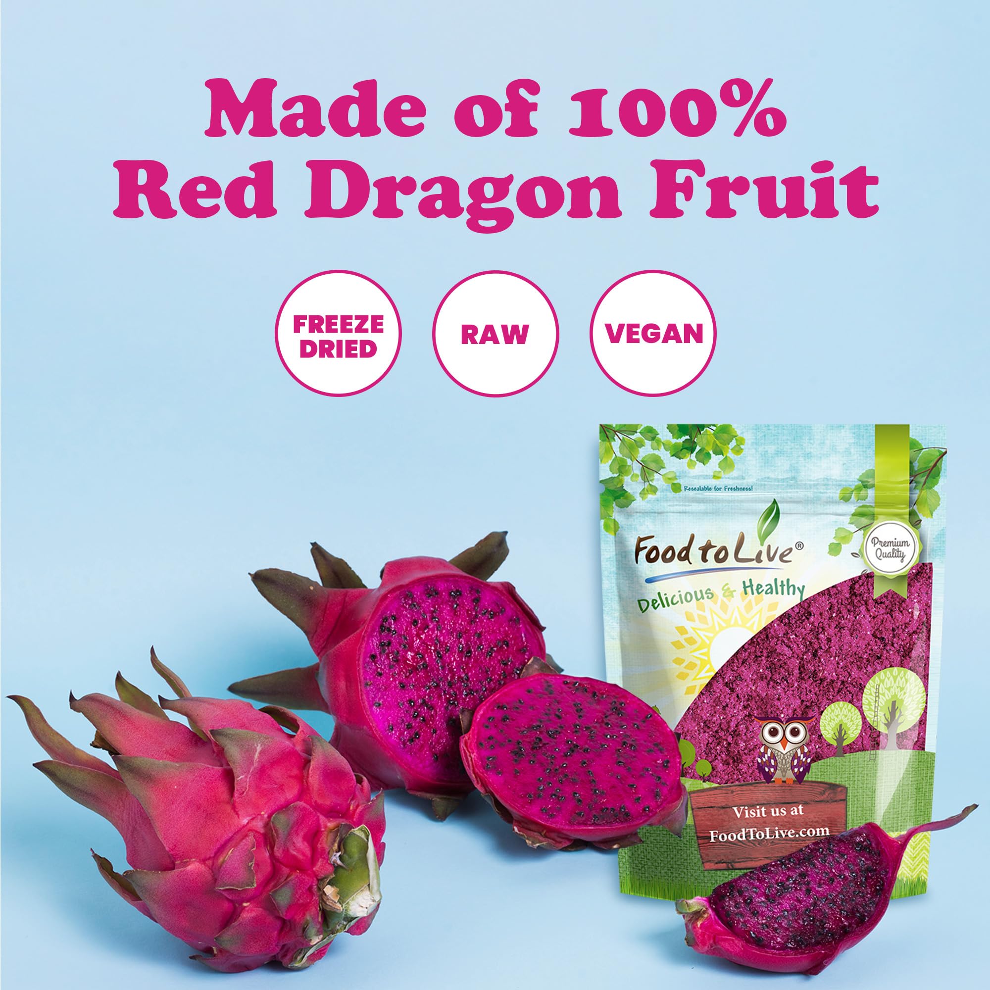 Food to Live Freeze-Dried Dragon Fruit Powder, 1 Pounds - Vegan, Kosher, Bulk, Dehydrated Dragonfruit for Smoothies and Baking
