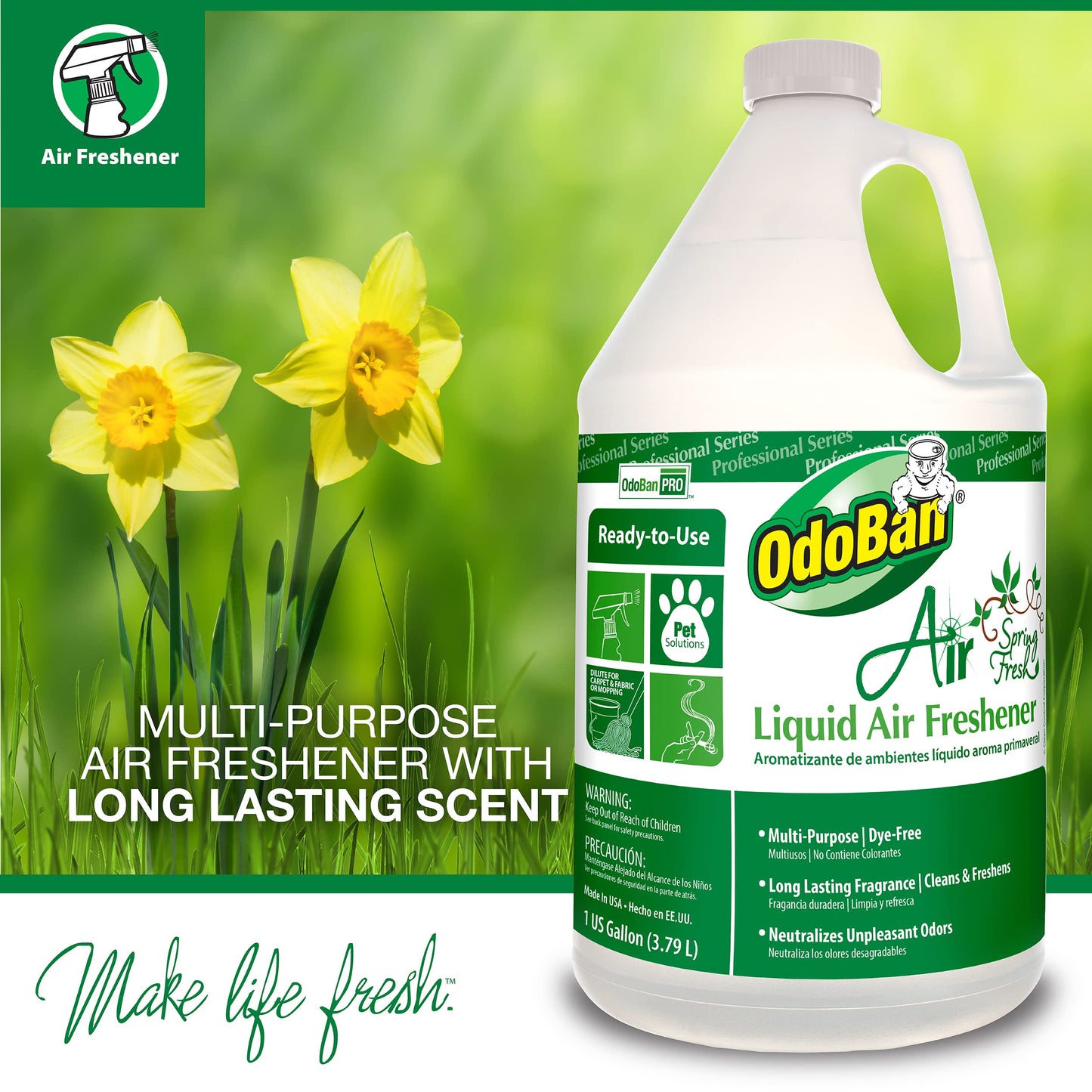 OdoBan Professional Series Ready-to-Use Air Spring Fresh Liquid Air Freshener, Made in the USA, Spring Fresh Scent Clear, 4-Pack, 1 Gallon Each