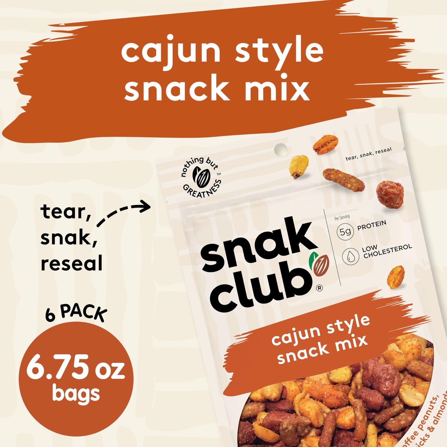 Snak Club Cajun Style Snack Mix with Hot and Spicy Peanuts, Butter Toffee Peanuts, Toasted Corn, Cajun and Honey Sesame Sticks, and Almonds, Kosher