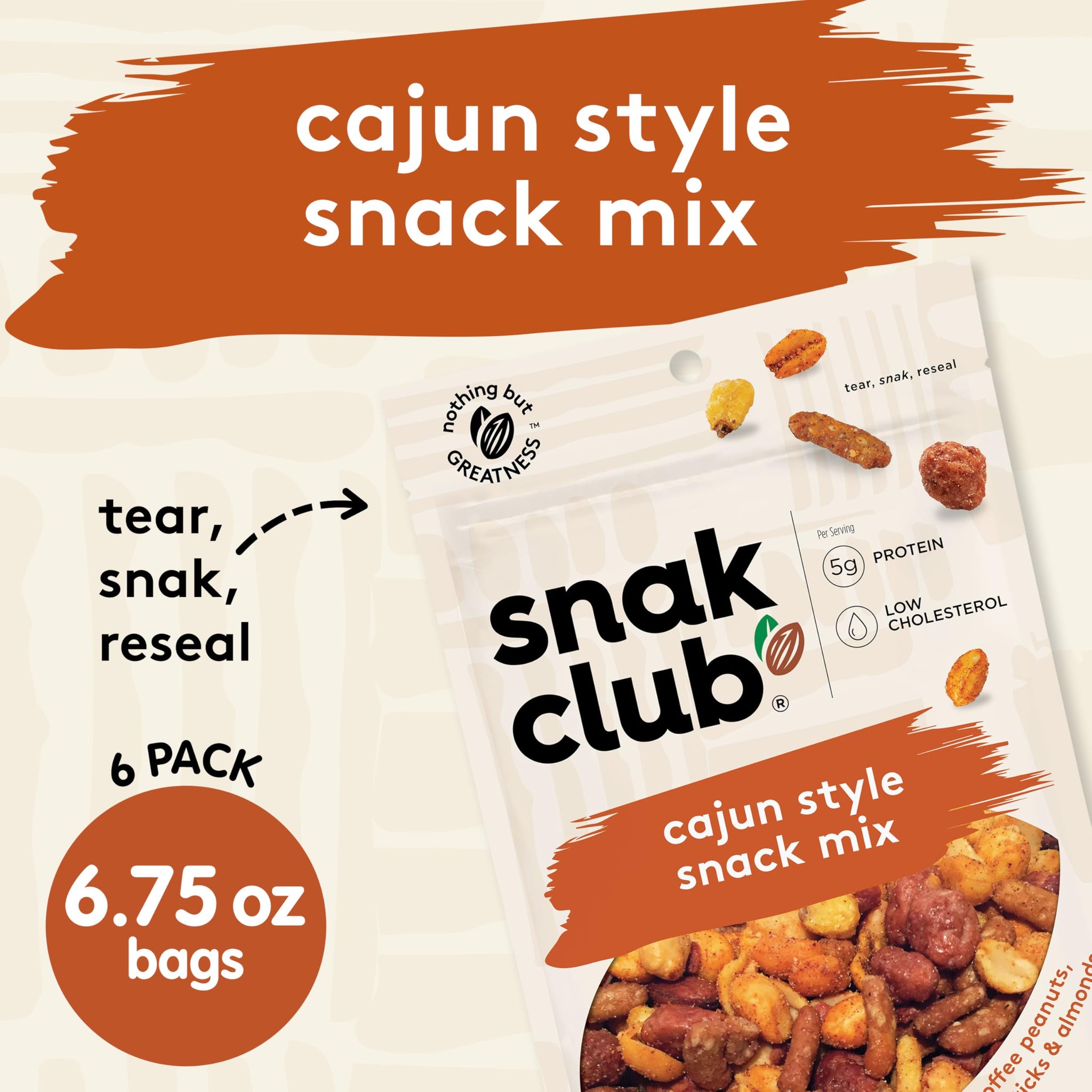 Snak Club Cajun Style Snack Mix with Hot and Spicy Peanuts, Butter Toffee Peanuts, Toasted Corn, Cajun and Honey Sesame Sticks, and Almonds, Kosher