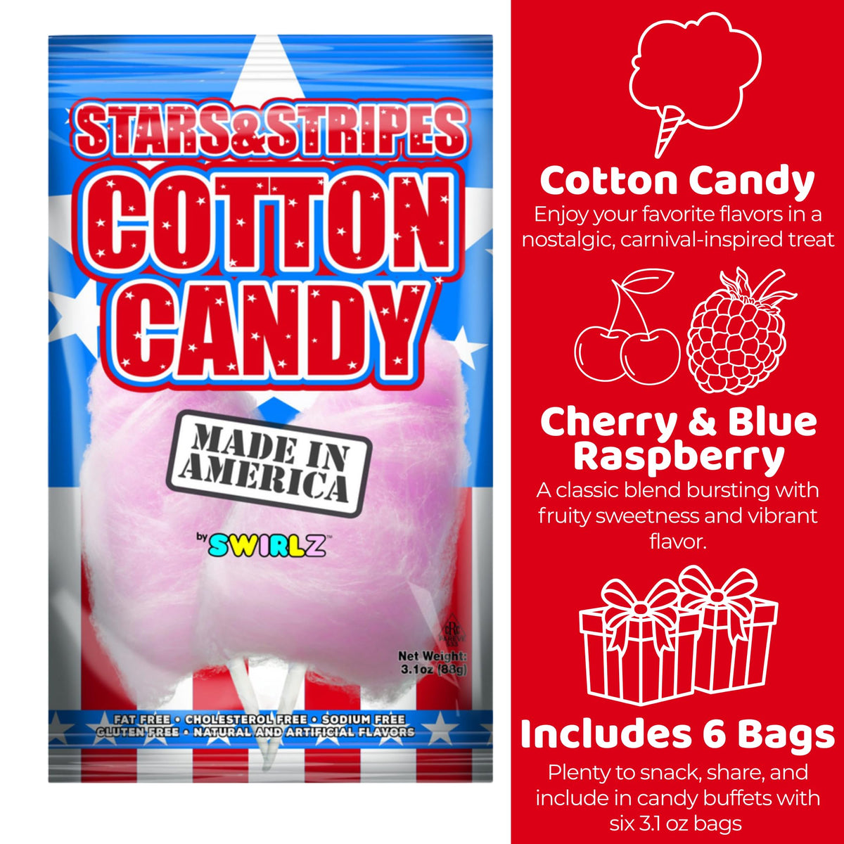 Cherry and Blue Raspberry Cotton Candy, Festive Independence Day Sugar Floss, (Pack of 6)