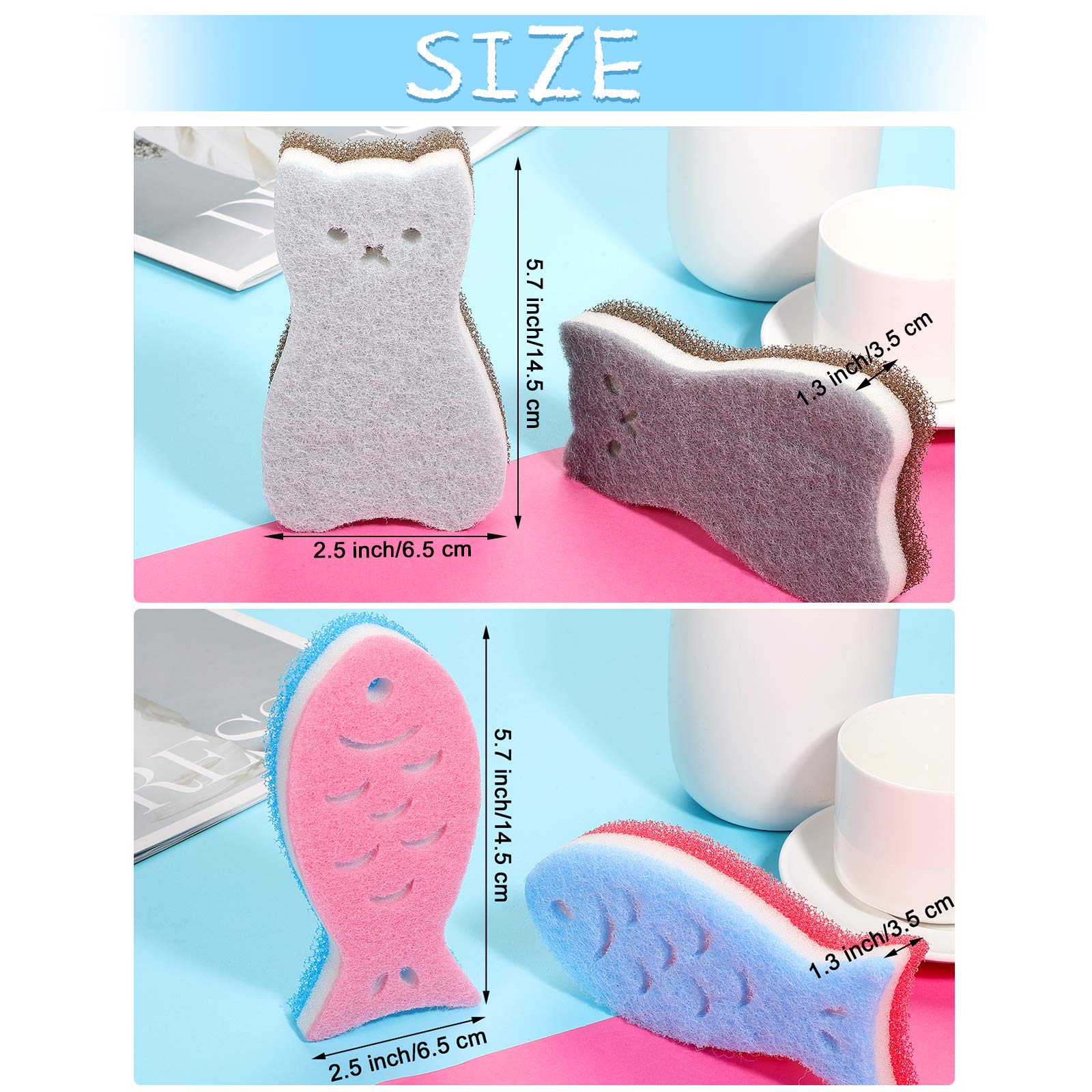 8 Pieces Kitchen Scrub Sponges Cat Fish Cleaning Sponge Dishwashing Scrubber Non-Scratch Multi-Use Sponges for Dishes Pots Pans Sinks