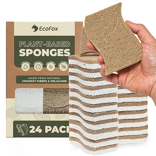 Plant-Based Kitchen Sponges (24 Pack) | USDA Biobased Certified | FSC & PETA Approved | Natural Cellulose & Coconut Scrubber Sponge | S-Shaped Design
