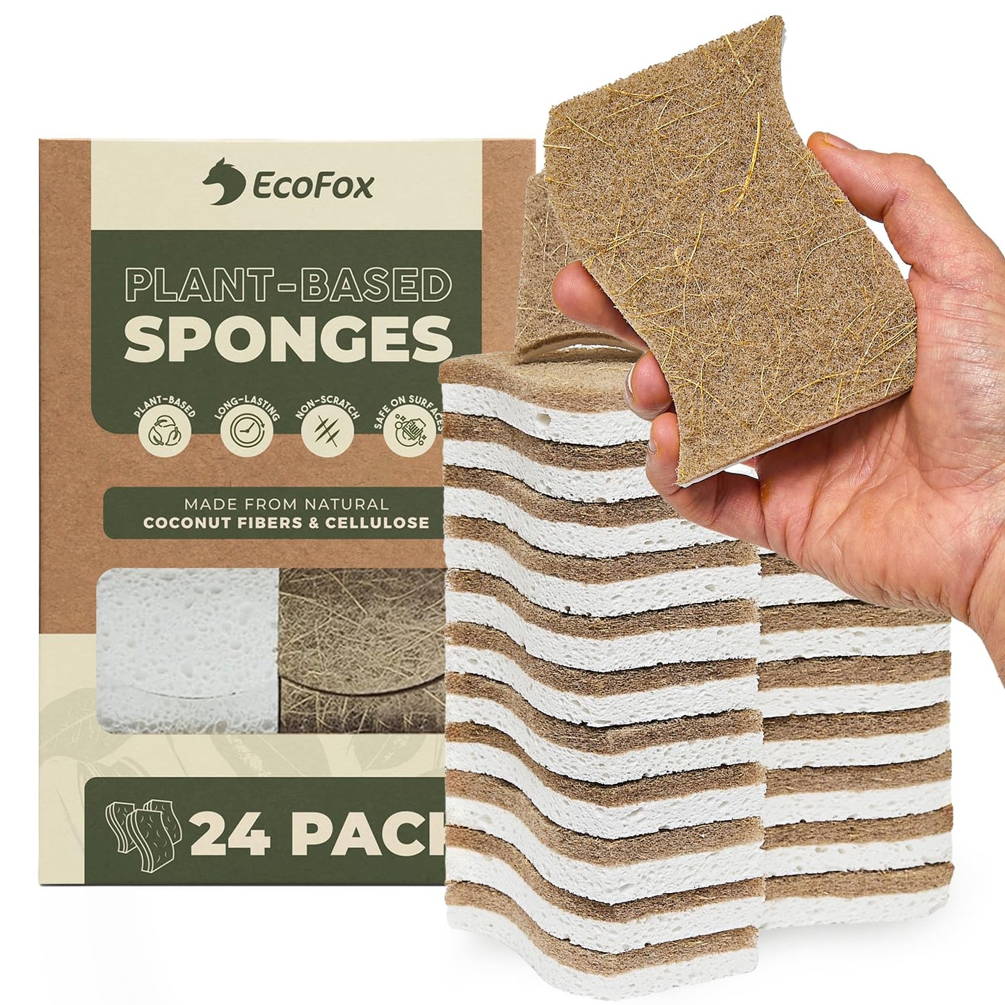 Plant-Based Kitchen Sponges (24 Pack) | USDA Biobased Certified | FSC & PETA Approved | Natural Cellulose & Coconut Scrubber Sponge | S-Shaped Design