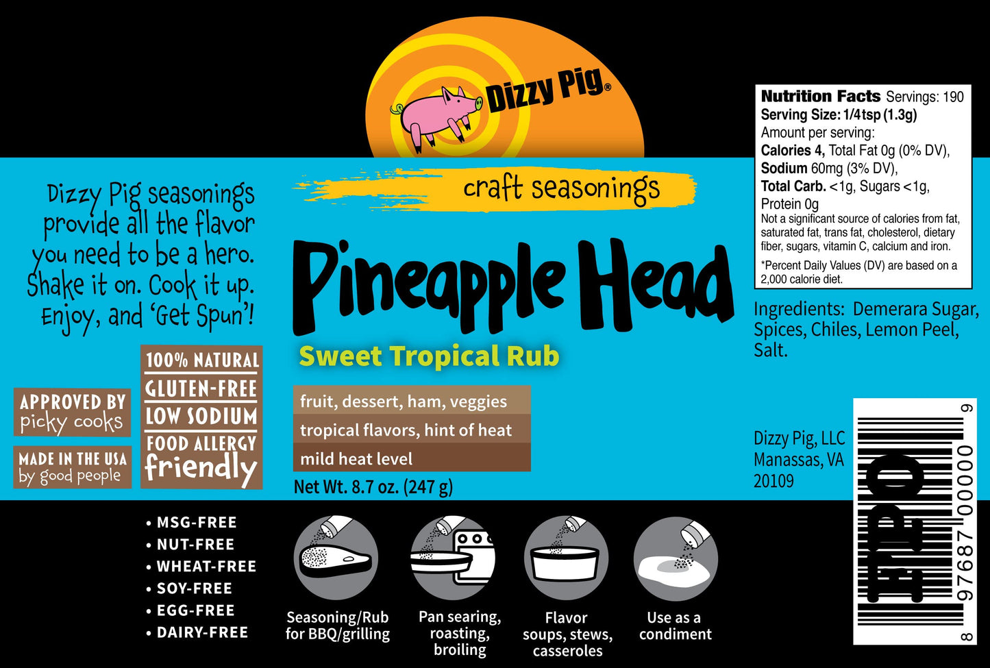 Dizzy Pig Pineapple Head Savory Sweet Tropical Seasoning Rub (8oz Shaker) - Seasons 30+lbs of Food - Hand Made in the USA - MSG Free, Gluten Free