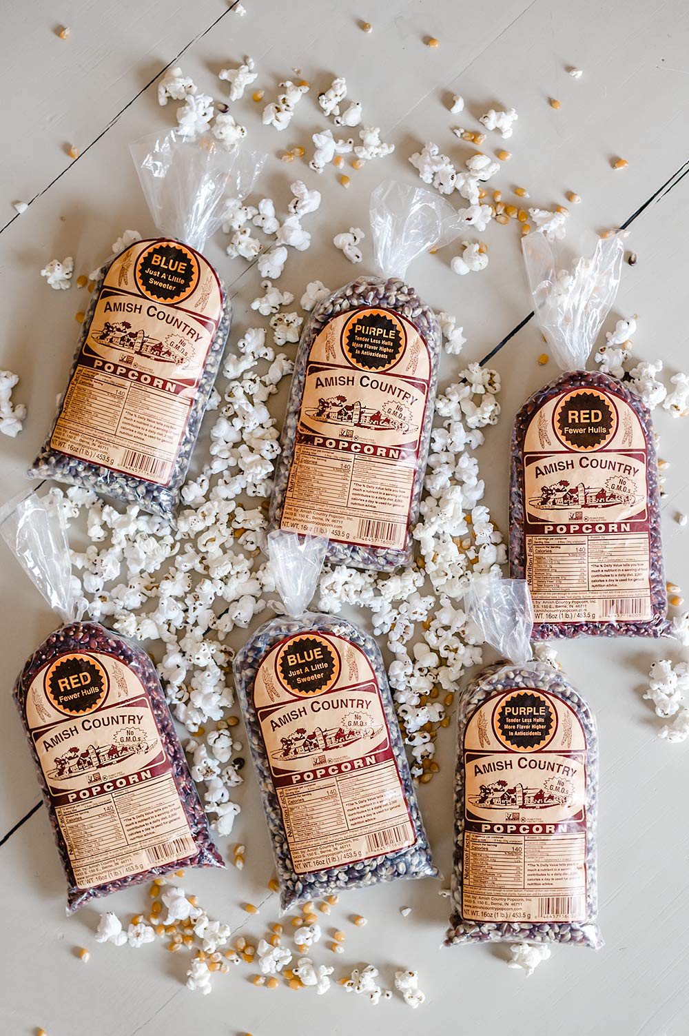 Amish Country Popcorn | 6-1 lb Bags | Variety Bundle | 2-1 lb Bags Purple - 2-1 lb Bags Red and 2-1 lb Bags Blue Popcorn Kernels | Old Fashioned
