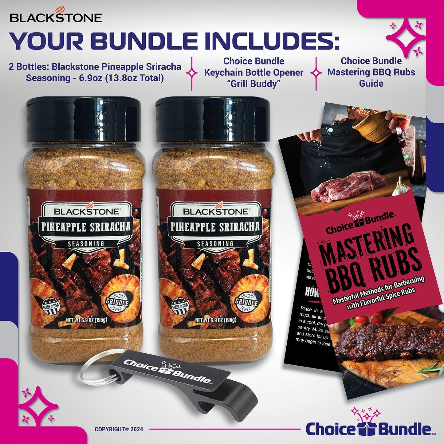 Blackstone Pineapple Sriracha Seasoning - Gourmet Griddle Premium Barbecue Rub 2 Pk (13.8 oz) + BBQ Masters & Opener (4 Items)!