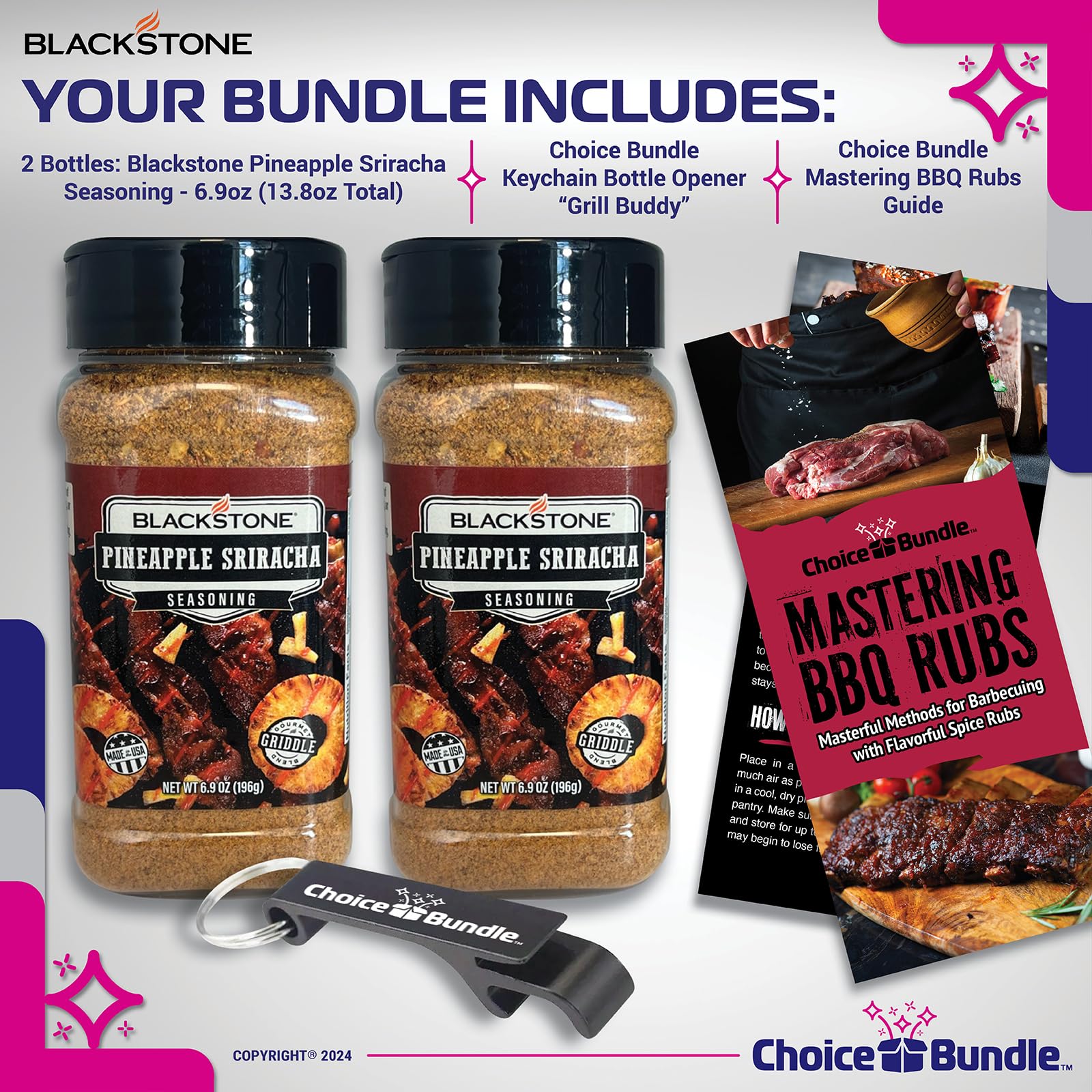 Blackstone Pineapple Sriracha Seasoning - Gourmet Griddle Premium Barbecue Rub 2 Pk (13.8 oz) + BBQ Masters & Opener (4 Items)!