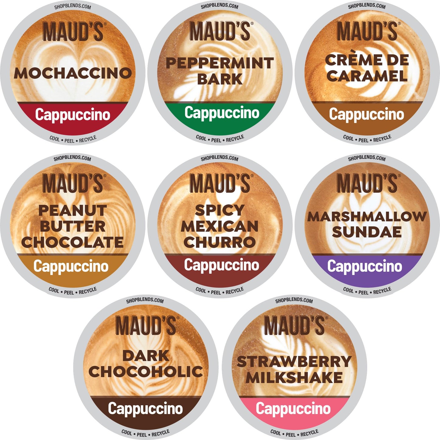 Maud's Cappuccino Coffee Pods Variety Pack, 56 ct, 8 Assorted Flavors, Single Serve Pods - Compatible with Keurig K Cups Maker
