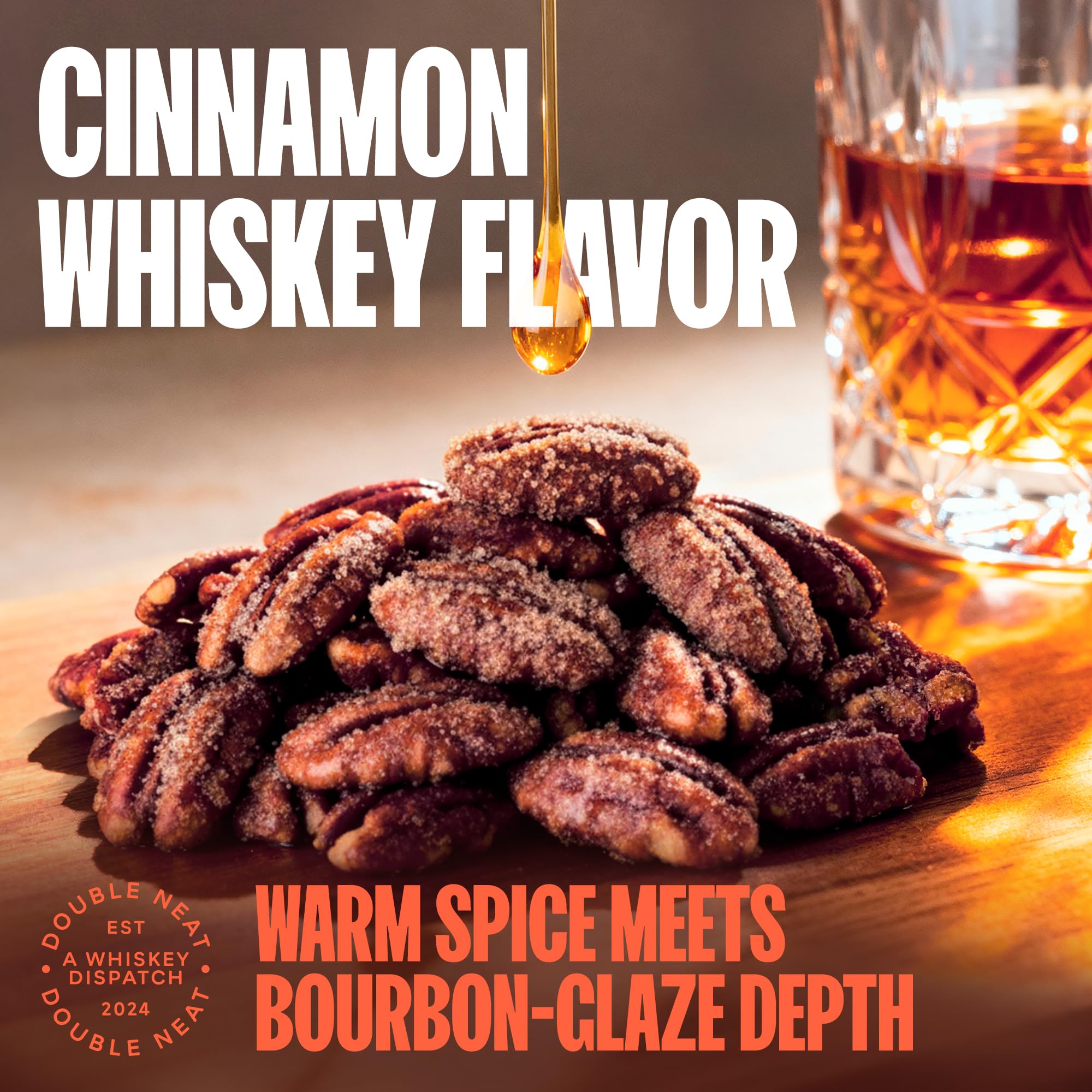 Double Neat Cinnamon Whiskey Pecans - Healthy Fathers Day Snacks Gift - Bourbon Snacks for Men - Vegan & Gluten-Free - Cinnamon Slow-Roasted Candied