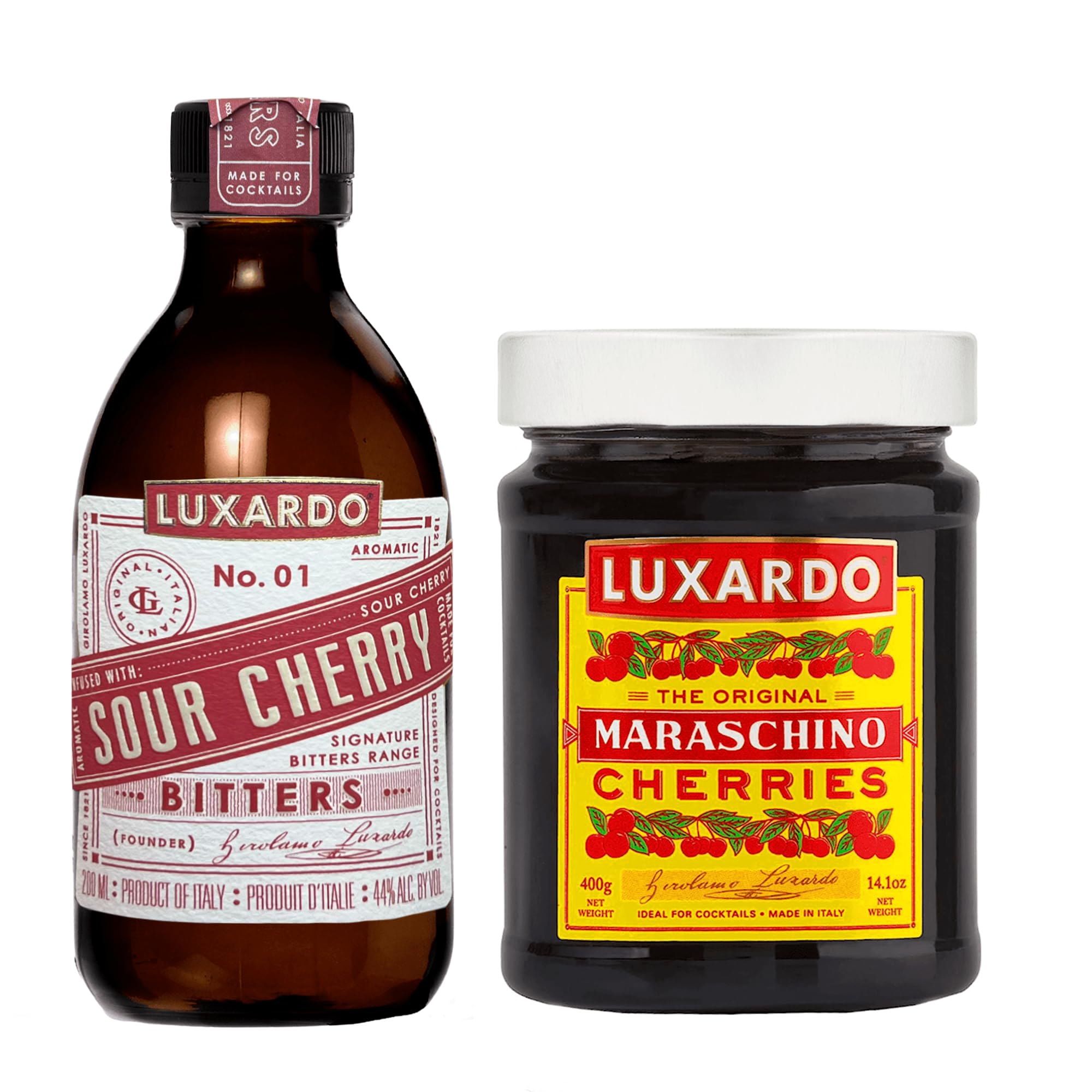 Luxardo Maraschino Cherry 400g & Sour Cherry Aromatic Bitters 200mL Variety Pack | Premium Cocktail Bitters Set for Classics & Craft Drinks