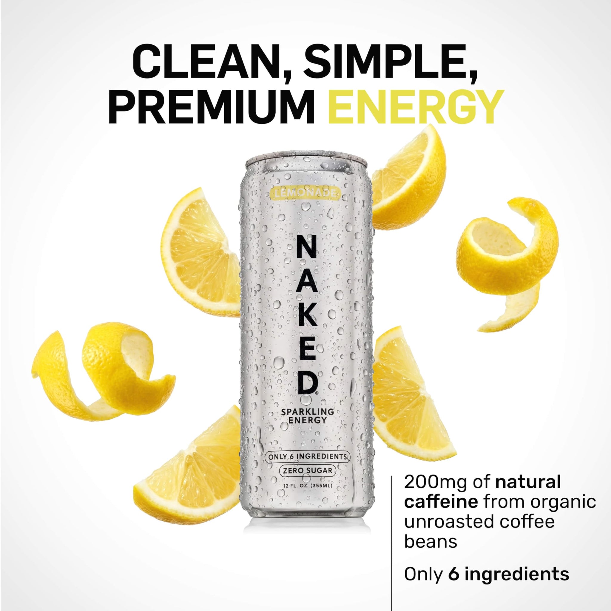 Naked Sparkling Energy Drink - Lemonade, Organic Caffeine, Organic Lemon Juice, Zero Sugar, No Sucralose, Naturally Sweetened, Clean Energy Drinks