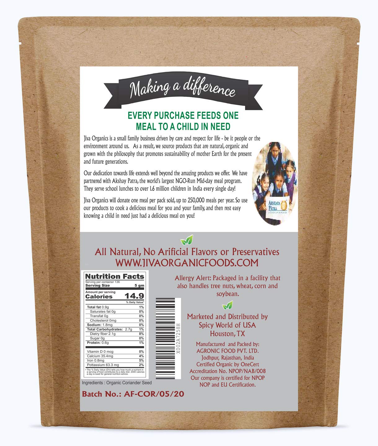 Jiva Organics Organic Coriander Seeds Whole 1.25 Pound Bulk Bag - Non-GMO