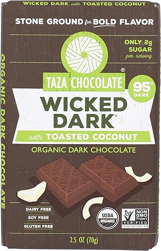 TAZA CHOCOLATES Organic Toasted Coconut & Wicked Dark Chocolate Bar, 2.5 OZ