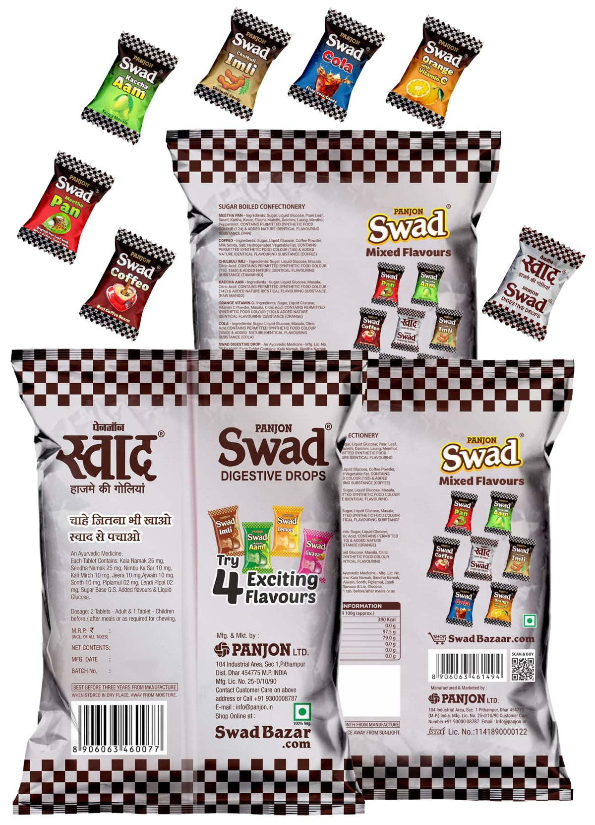 Swad Chocolate Candy (Birthday Pack) [Assorted Mix Toffee Original Kaccha Aam Imli Lemon Guava] 3 Packs x 100 Pcs Pouch 100