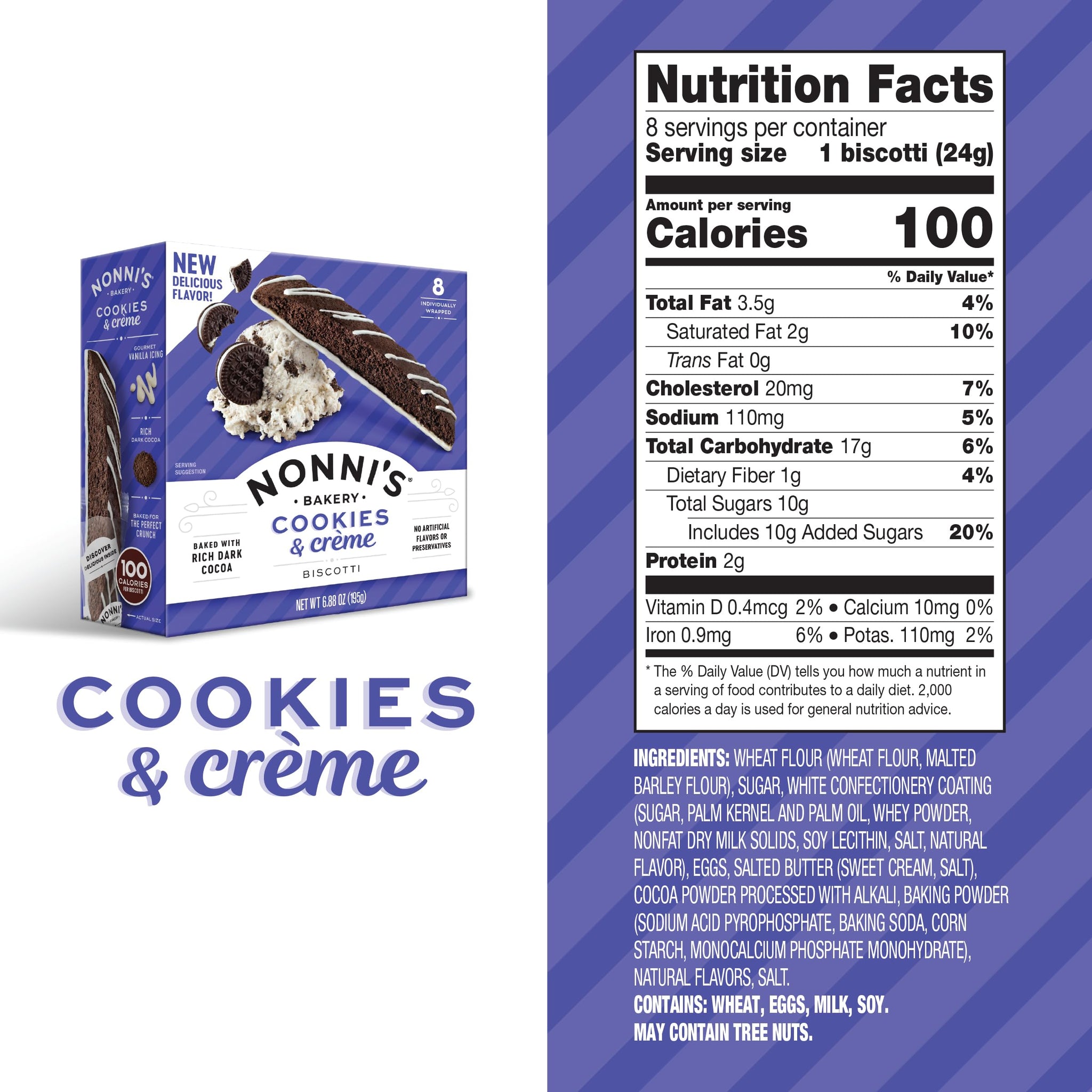 Nonni's Cookies & Crème Biscotti, Rich Dark Cocoa Cookie with Vanilla Icing, 8 Individually Wrapped Bakery Snacks, 6.88 oz