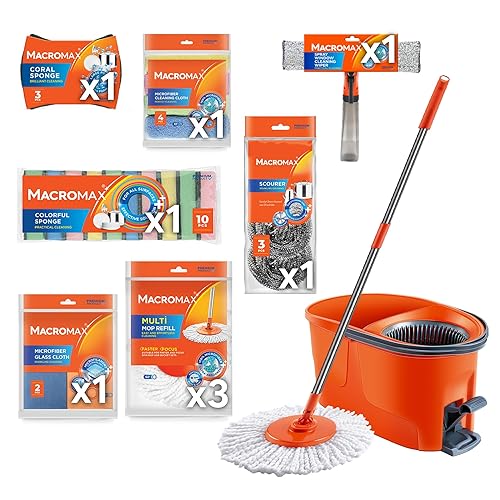 Home Cleaning Kit with Force Spin Mop Microfiber Cloths Sponges Scourers Window Cleaner Supplies Set