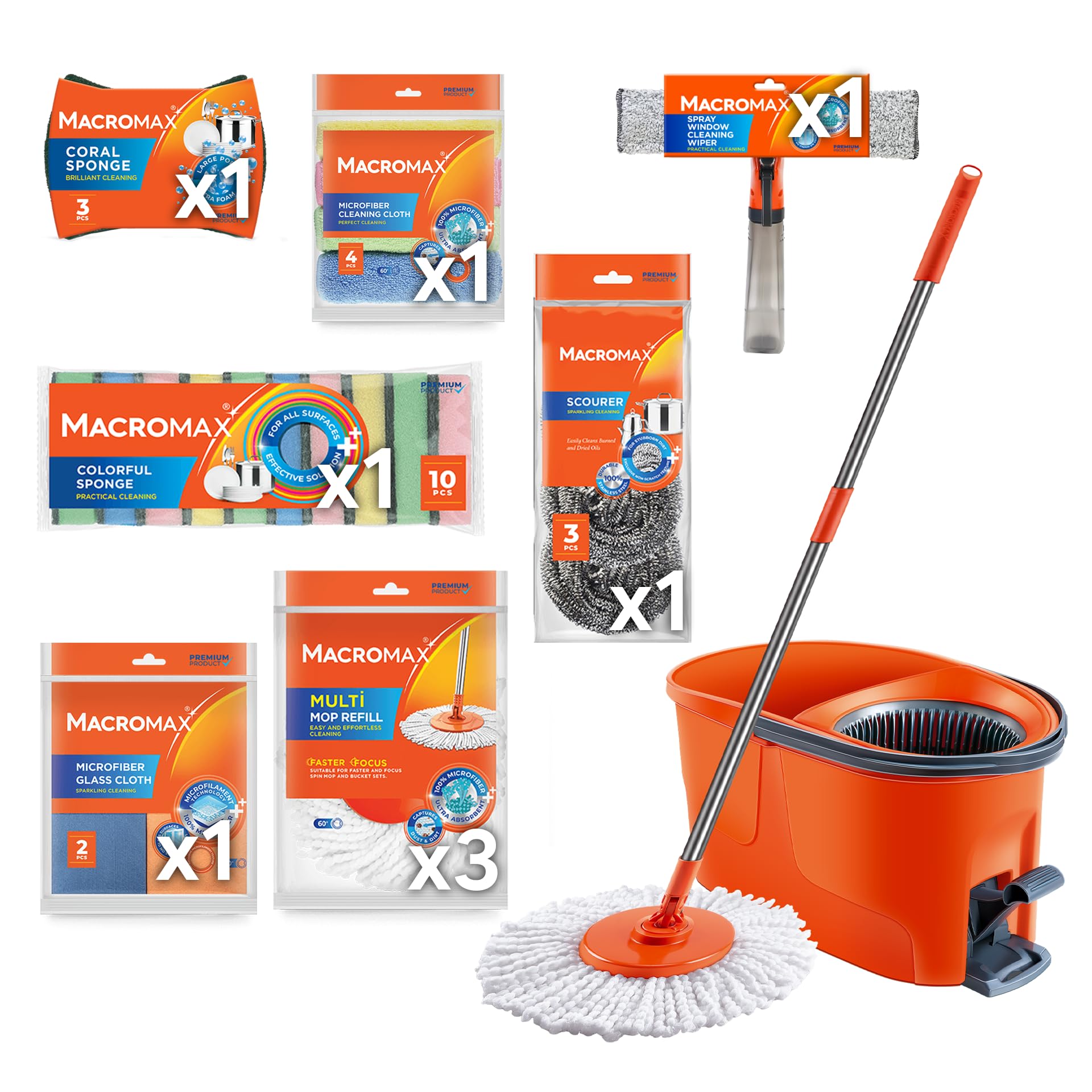 Home Cleaning Kit with Force Spin Mop Microfiber Cloths Sponges Scourers Window Cleaner Supplies Set
