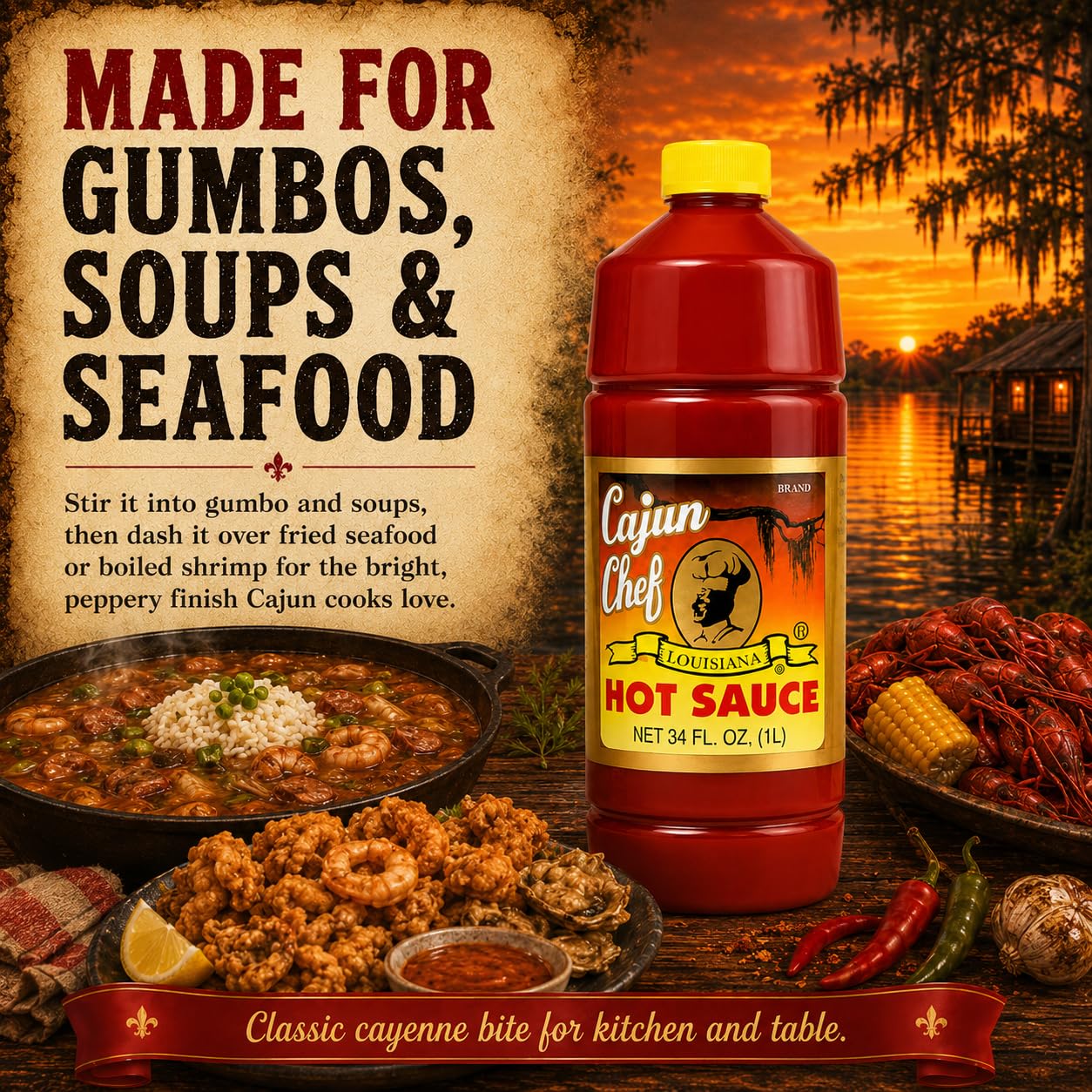 Cajun Chef Hot Sauce 34 oz, Louisiana Cajun Cayenne Pepper Sauce, Mild Heat Hot Sauce for Gumbo, Seafood, Soups, Wings, Pizza, BBQ, Fried Foods