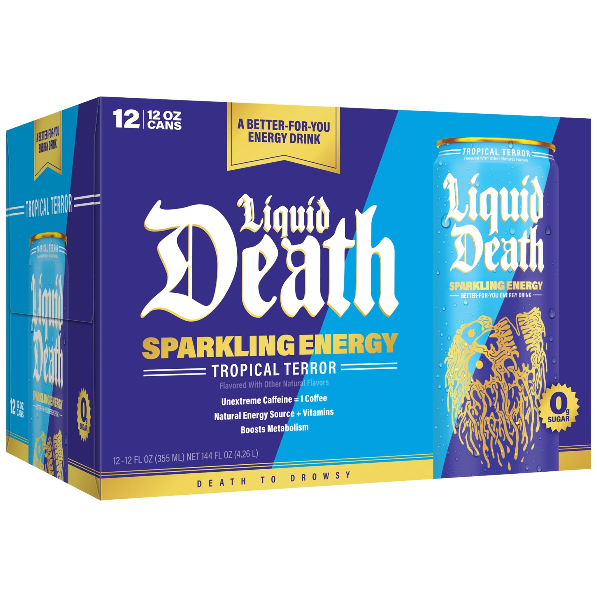 Liquid Death Sparkling Energy - Tropical Terror (Classic Piña Colada), Zero Sugar Energy Drink, Unextreme Caffeine 100mg, Essential Vitamins, 12 Fl Oz