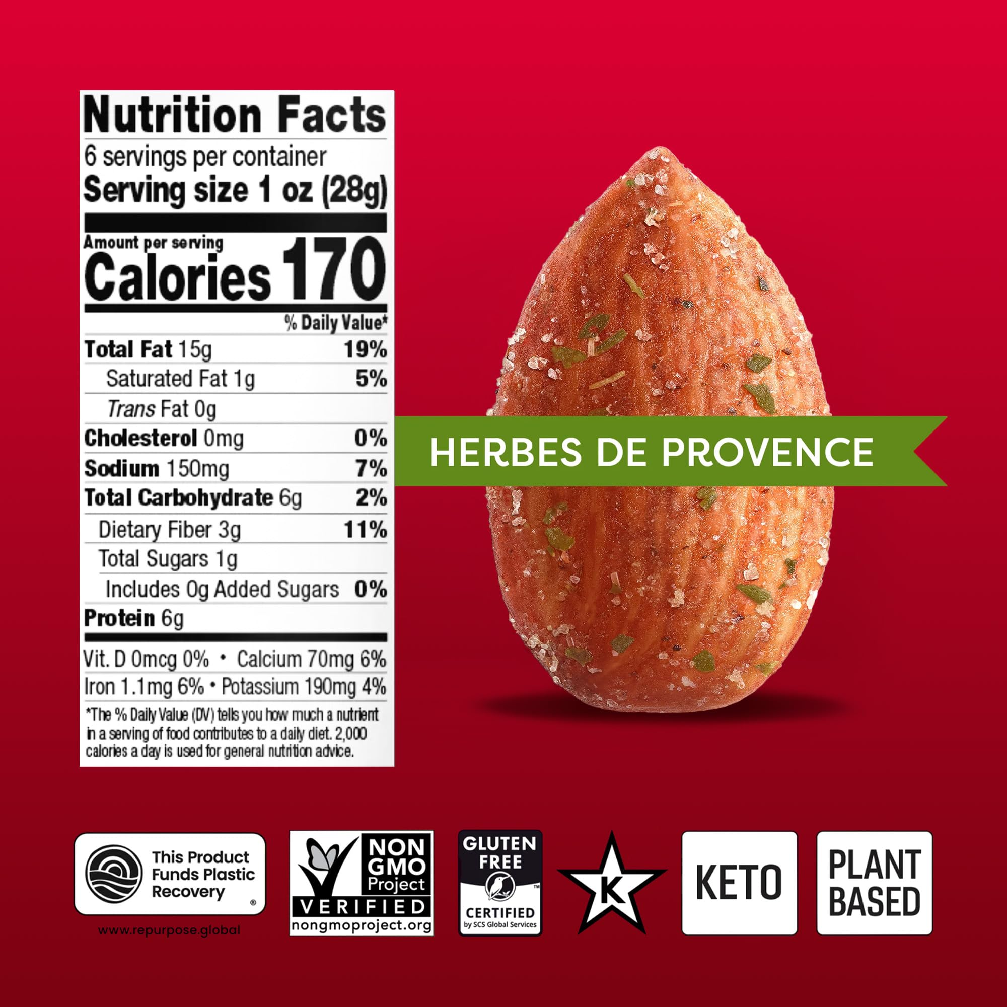 Octonuts Herbes de Provence Roasted Almonds (6oz) Plant Based Protein Snack with Fiber - Keto Friendly, Gluten-Free, Vegan & Non-GMO Verified