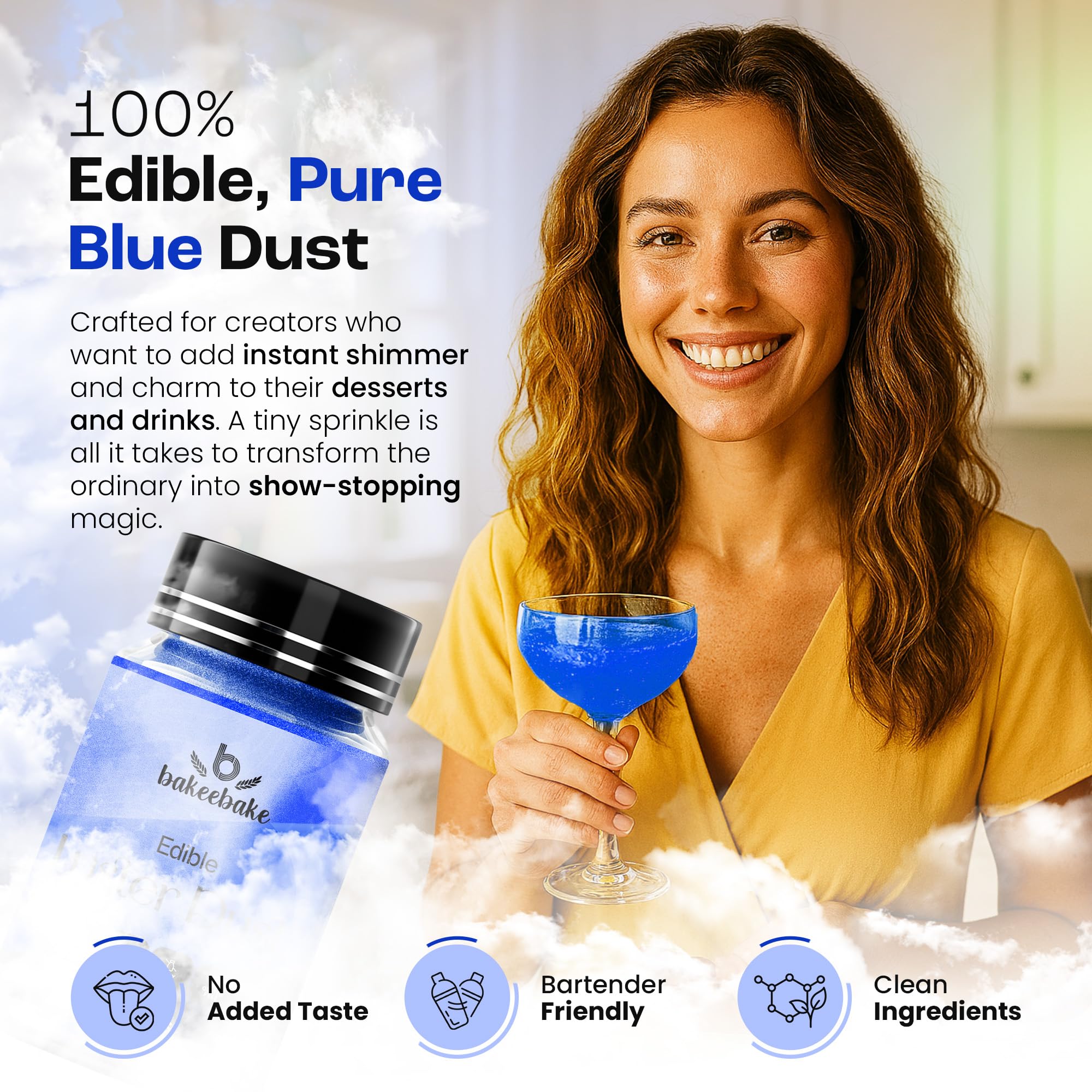 Bakeebake Luster Dust Edible 15g - Edible Glitter for Drinks & Desserts - Gluten Free Edible Blue Dust for Cake Decorating - Tasteless Vegan Drink