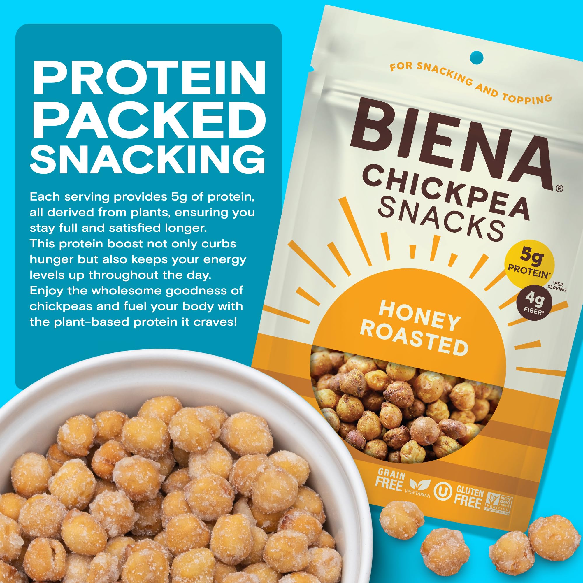 BIENA Chickpea Snacks - Crunchy Roasted Chickpeas - High Fiber Protein Snacks for Adults and Kids - 8-Pack, 5 Ounce Bags - Honey Roasted