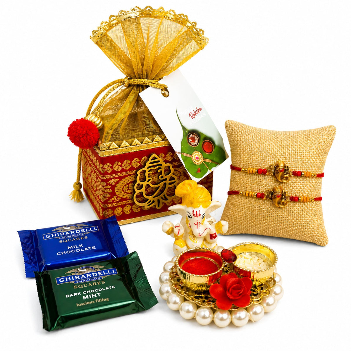 LoveNspire Raksha Bandhan Premium Gift Hamper for Brother & Bhabhi - Designer Rakhi Bracelet Set with Elegant Gift Box, Chocolates, & Roli Chawal