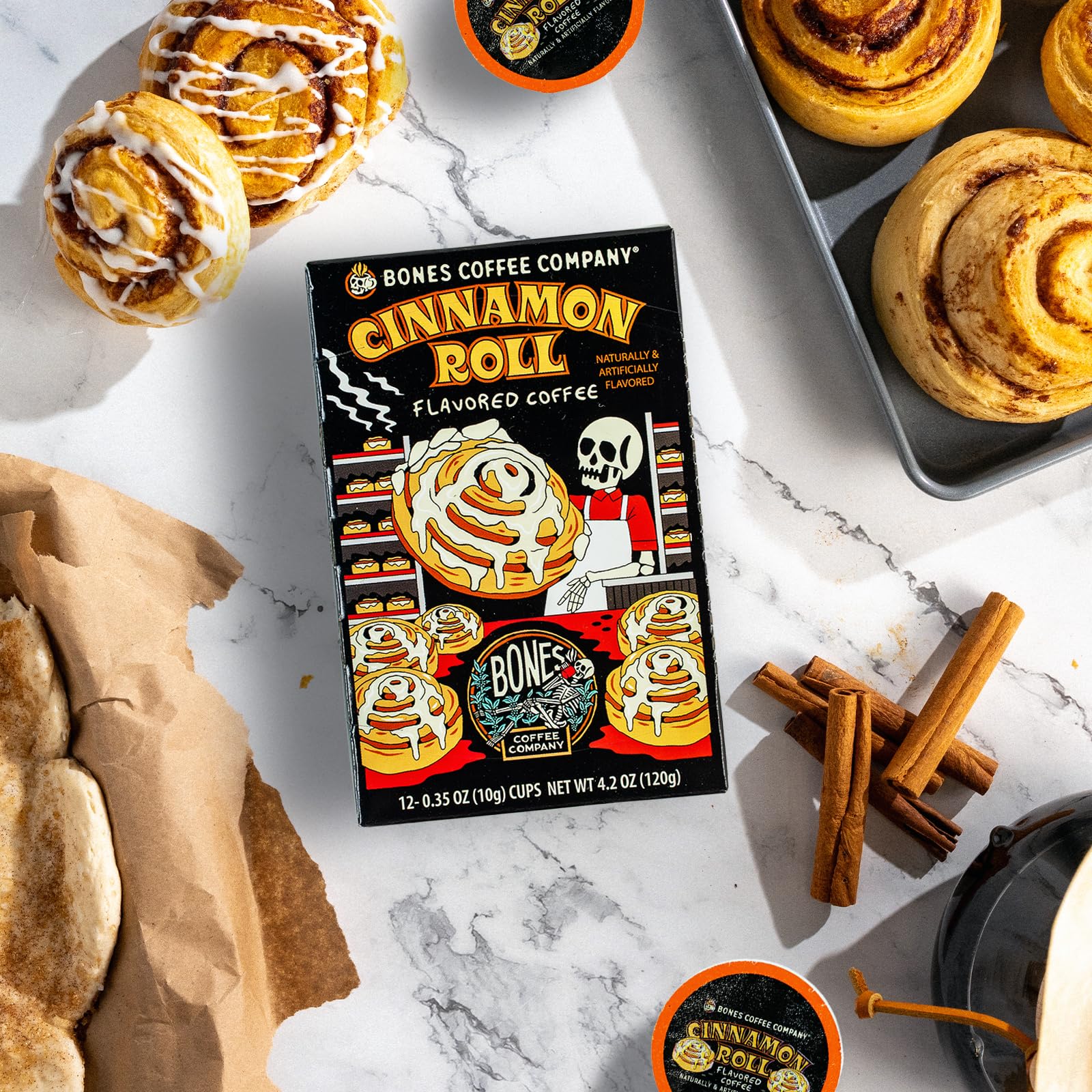 Bones Coffee Company Cinnamon Roll Flavored Coffee Pods, Low Acid Medium Roast Single-Serve Bones Cups, Compatible with 1.0 & 2.0 K-Cups Brewers