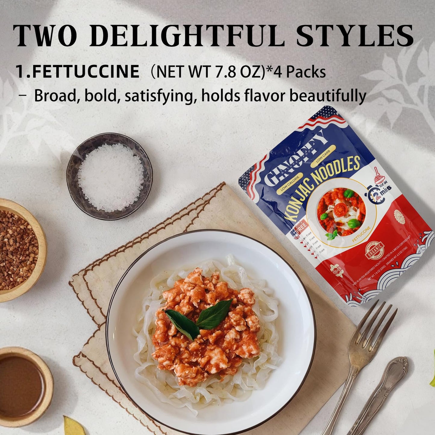 Ginoffy Konjac Noodles Gluten Free Noodles Two Types 62.4 OZ(Pack of 8)| 4 Fettuccine & 4 Angel Hair Shirataki Noodles Organic Low Calorie Spaghetti