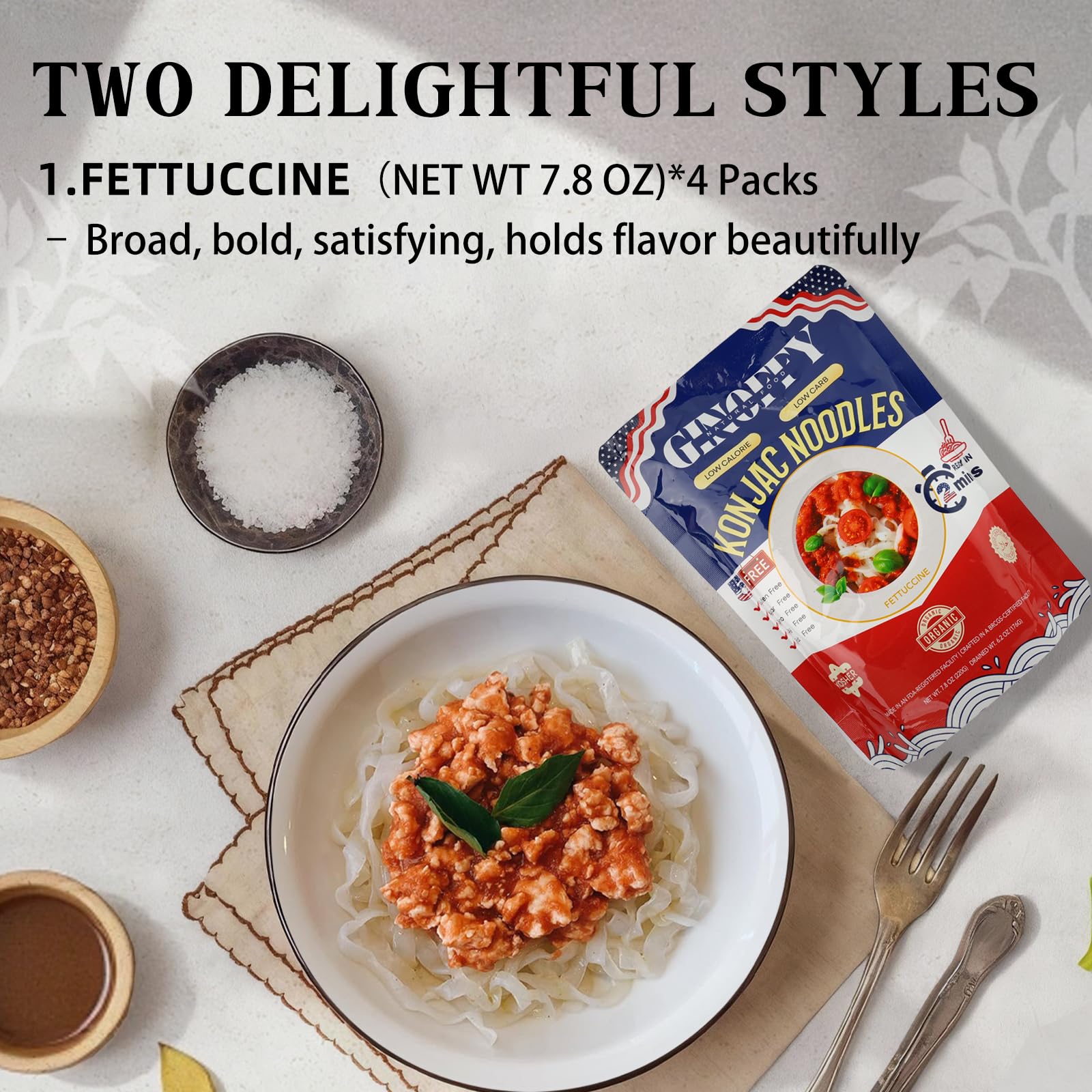 Ginoffy Konjac Noodles Gluten Free Noodles Two Types 62.4 OZ(Pack of 8)| 4 Fettuccine & 4 Angel Hair Shirataki Noodles Organic Low Calorie Spaghetti