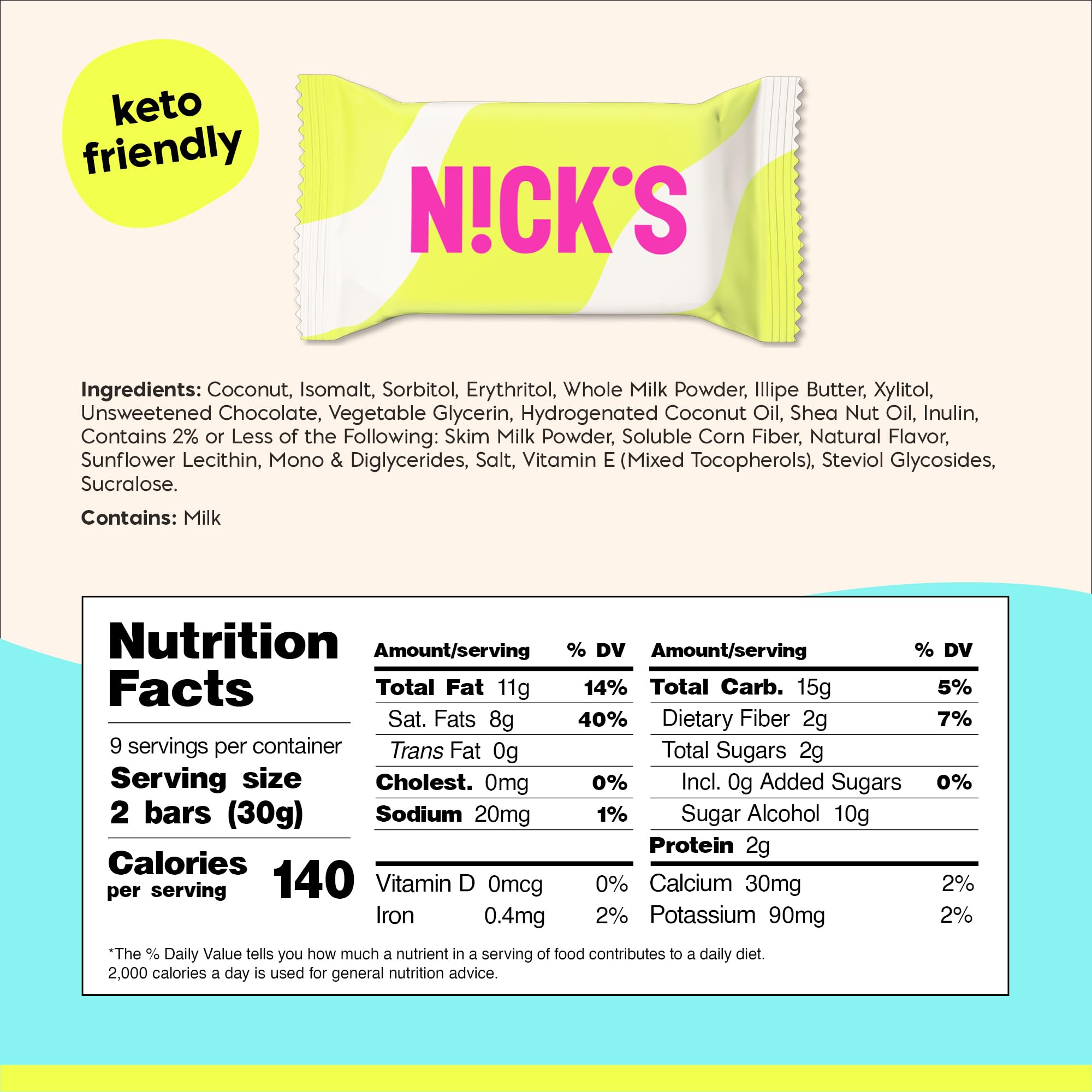 N!CK'S Keto Chocolate Mini Candy Bars - Coconut, No Added Sugar, Low Carb Snack, 140 Calories, Gluten-Free Sweets 18-Pack (15g Each)
