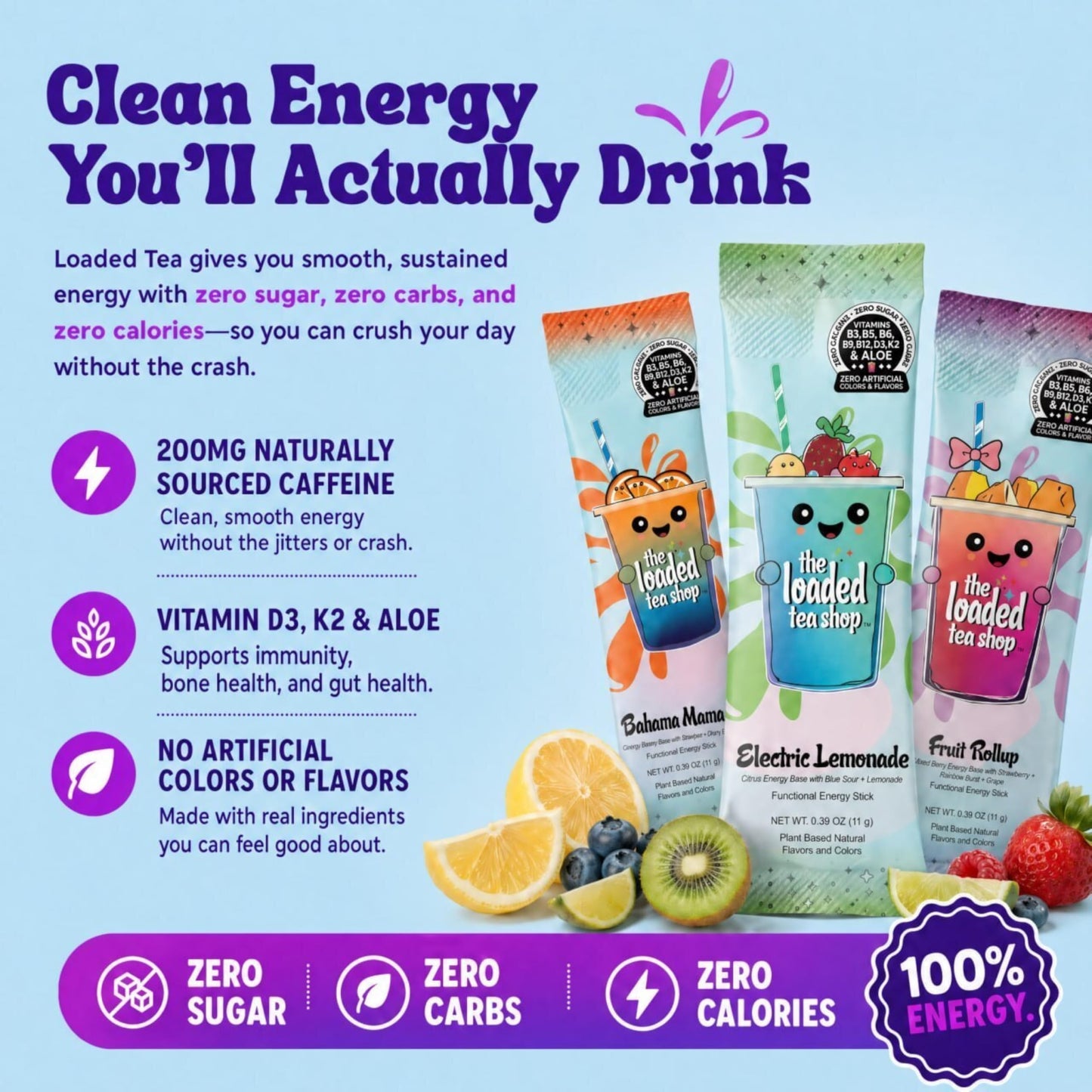 The Loaded Tea Shop Energy Drink Mix Sticks, Flavor Discovery 10 Pack, Sugar-Free, Zero Calories, 200mg Natural Caffeine, No Artificial