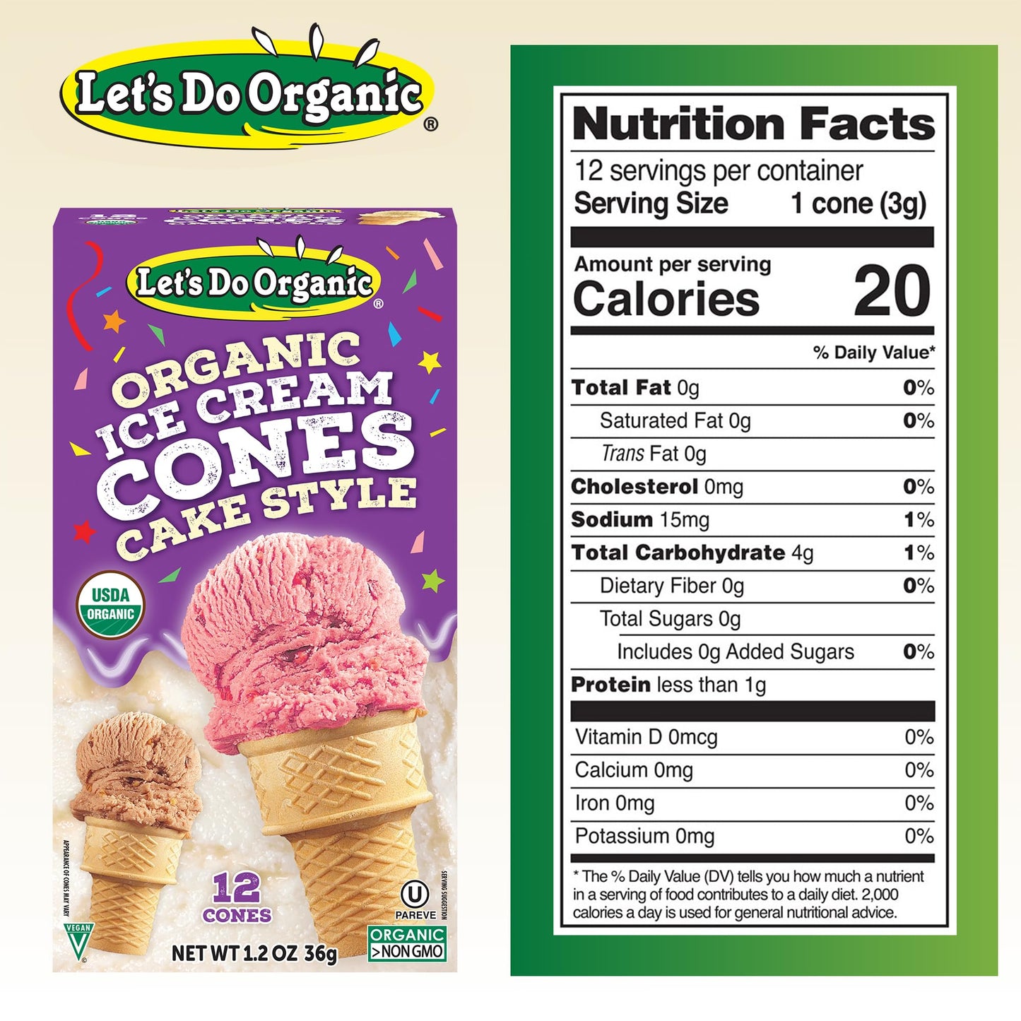 Lets Do Organic Ice Cream Cones - Sugar Cones for Ice Cream, Mini Ice Cream Cones, Ice Cream Cups, Crispy Cones, Mini Cake Cones - 1.2 Oz (Pack of 1)