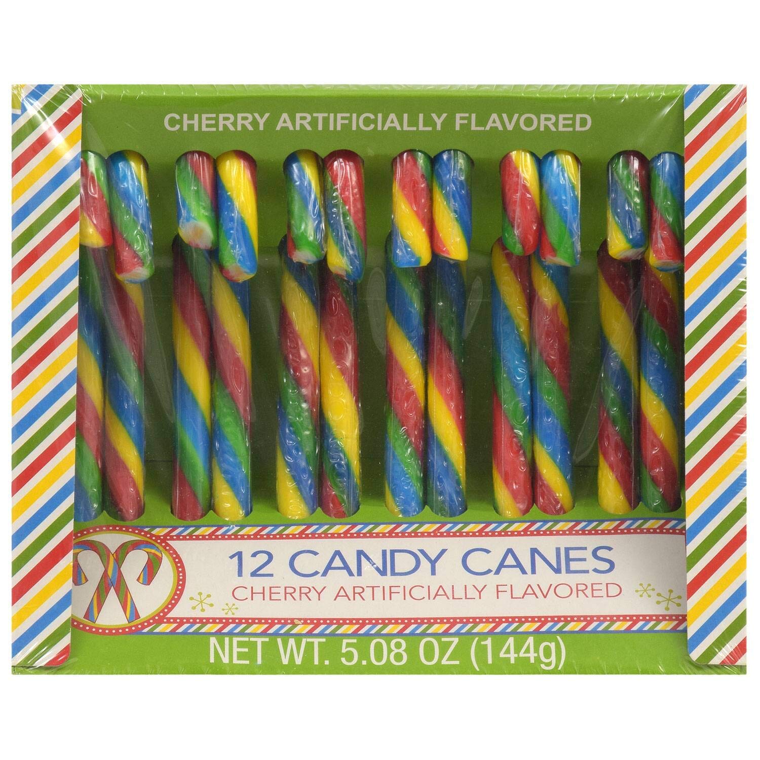 Greenbrier (1) Box Candy Canes - Cherry Flavored with Multi-Colored Stripes - 12 Individually Wrapped Holiday Candy Pieces per Box - Holiday