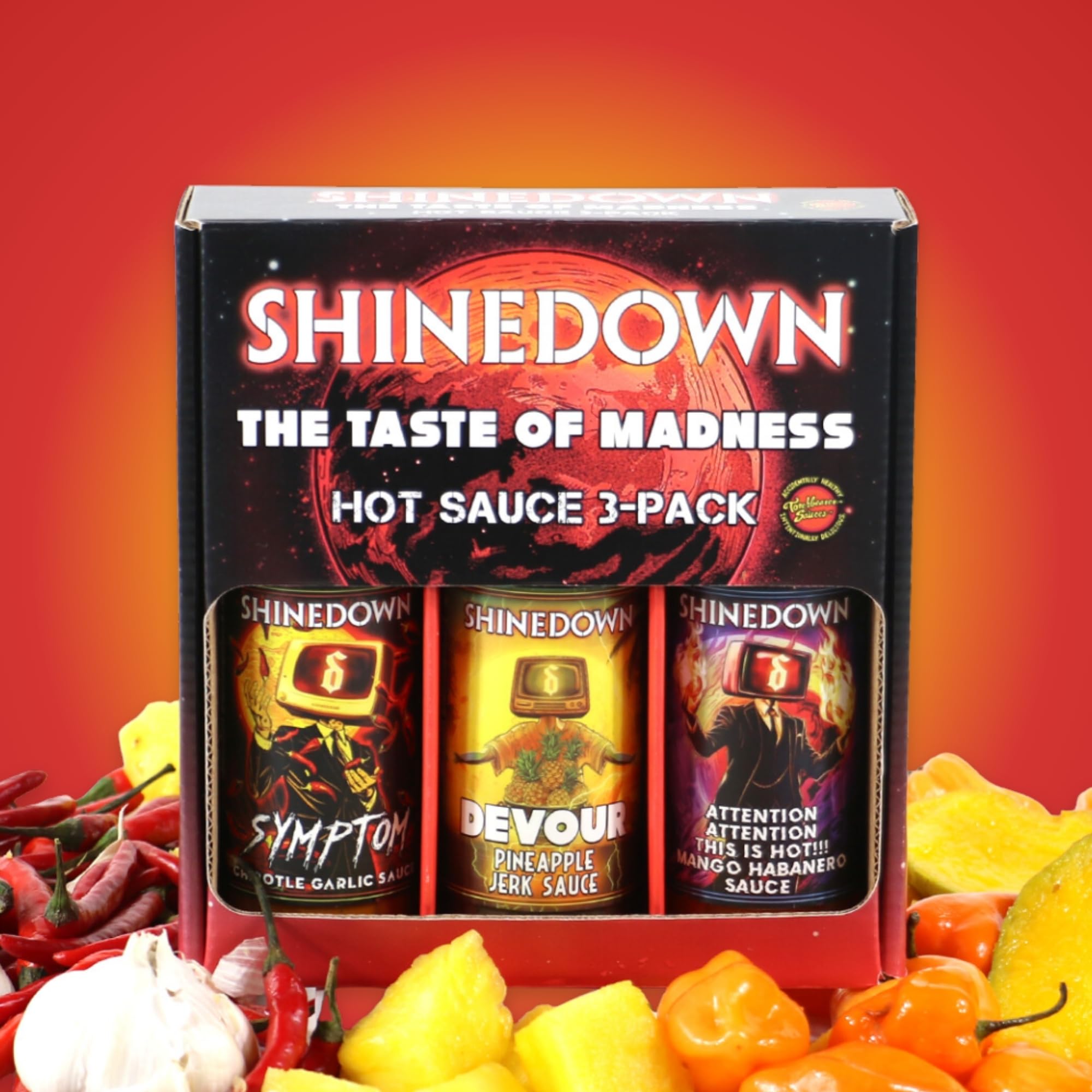 Shinedown Mini Hot Sauce Variety Pack Gift Set, Taste Of Madness 3pc 1.75 oz - Symptom, Devour, Attention Attention This Is Hot - All Natural Hot
