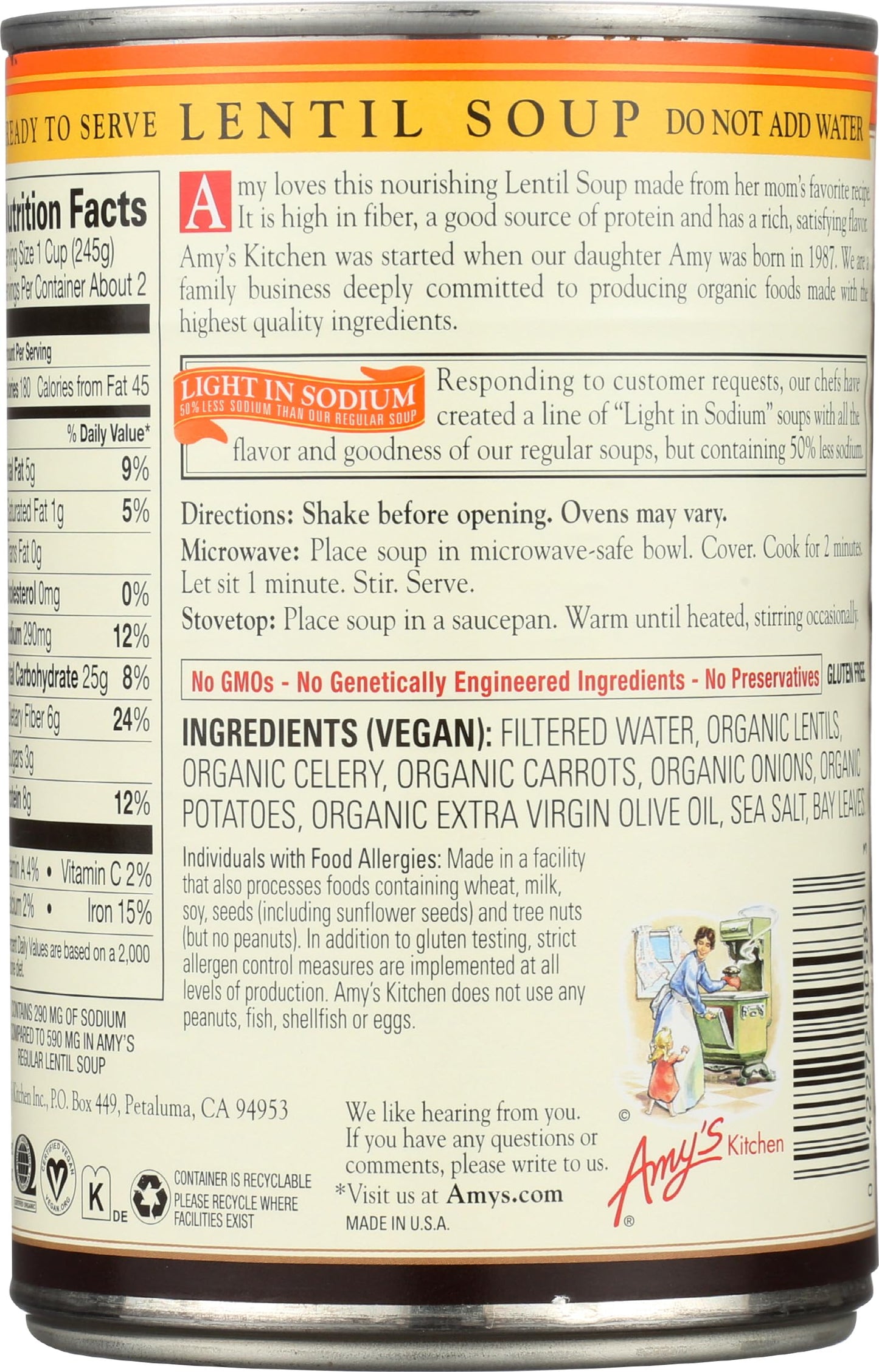 Amy's Light in Sodium Organic Soups, Lentil, 14.5 oz