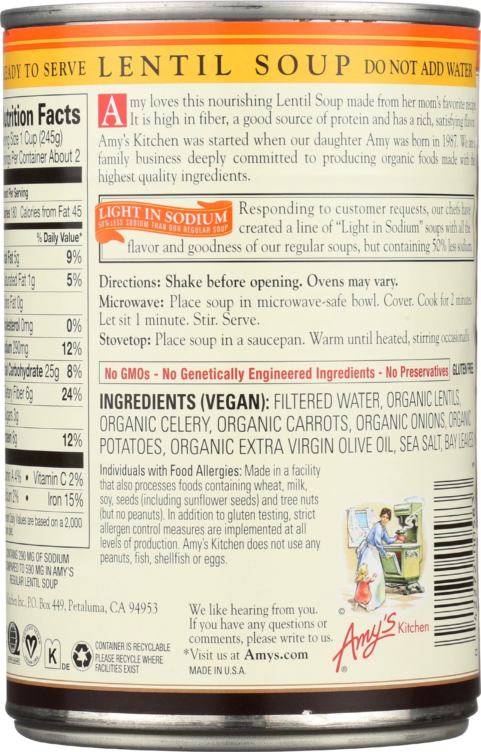 Amy's Light in Sodium Organic Soups, Lentil, 14.5 oz