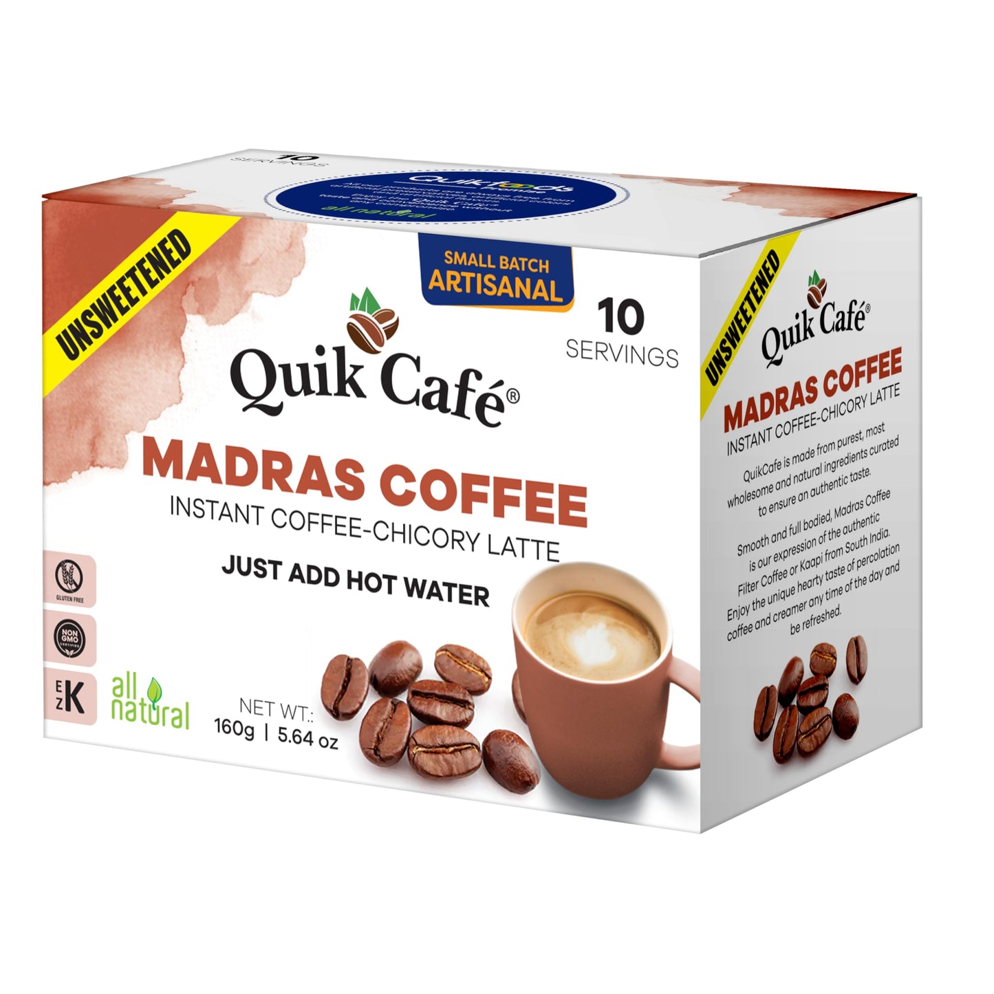 QuikCafé Madras Unsweetened Coffee - 10 Count, Instant Herbal Blend with Natural Ingredients, Caffeine-Light, Preservative-Free - Just Add Hot Water