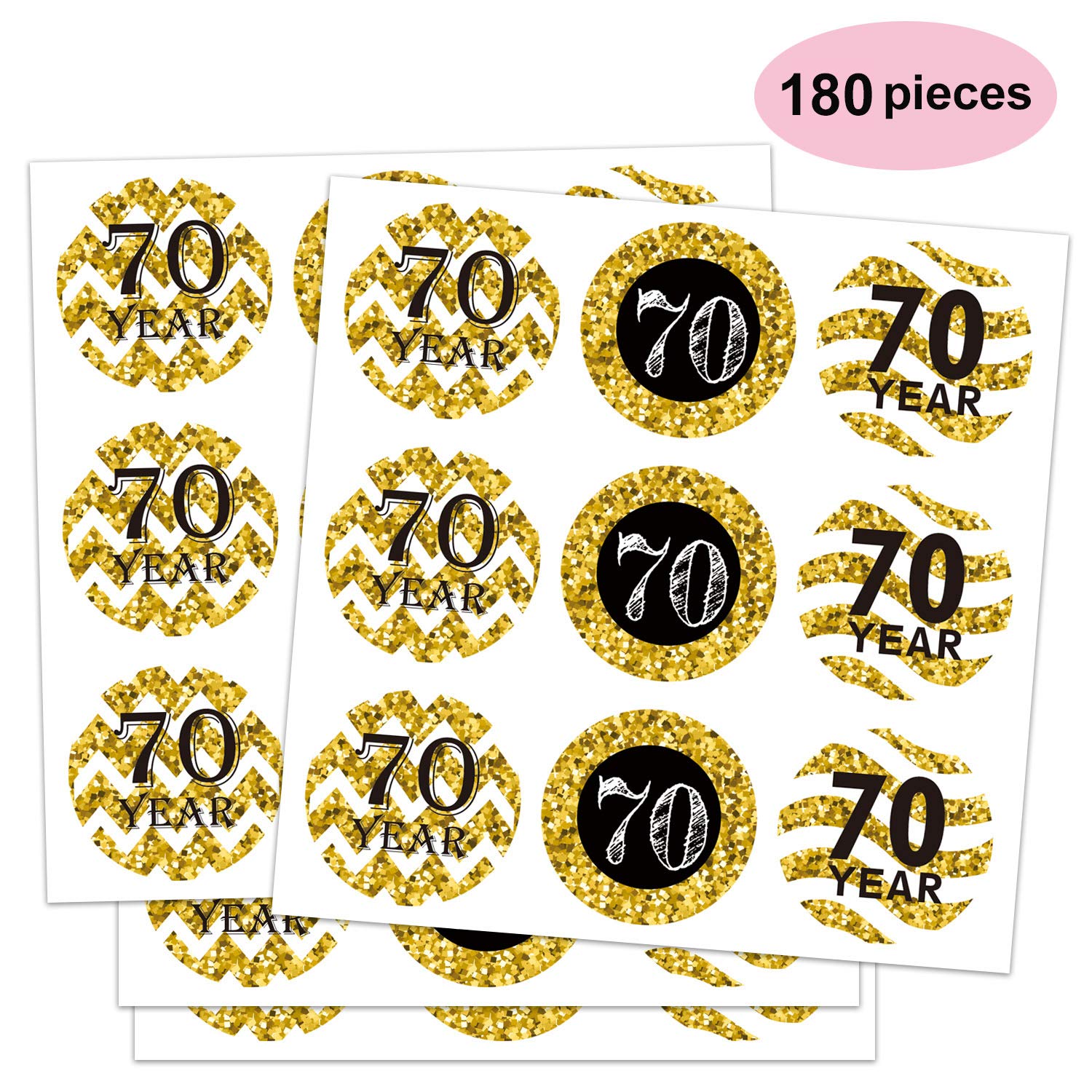 180 Count 70th Birthday Party Favor Labels, Chocolate Drops Stickers for Anniversary, Black and Gold Decorations
