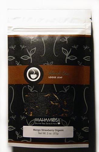 Mahamosa Mango Strawberry Organic Loose Black Tea 2 oz, Loose Leaf Black Tea Blend (with strawberry slices, mango cubes, marigold blossoms)