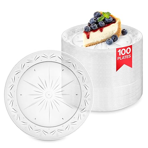 Stock Your Home 100 Count Premium Clear Plastic Plates 7" Inch Small Appetizer, Dessert, and Party Plates, Heavy Duty Hard Plastic Disposable Wedding