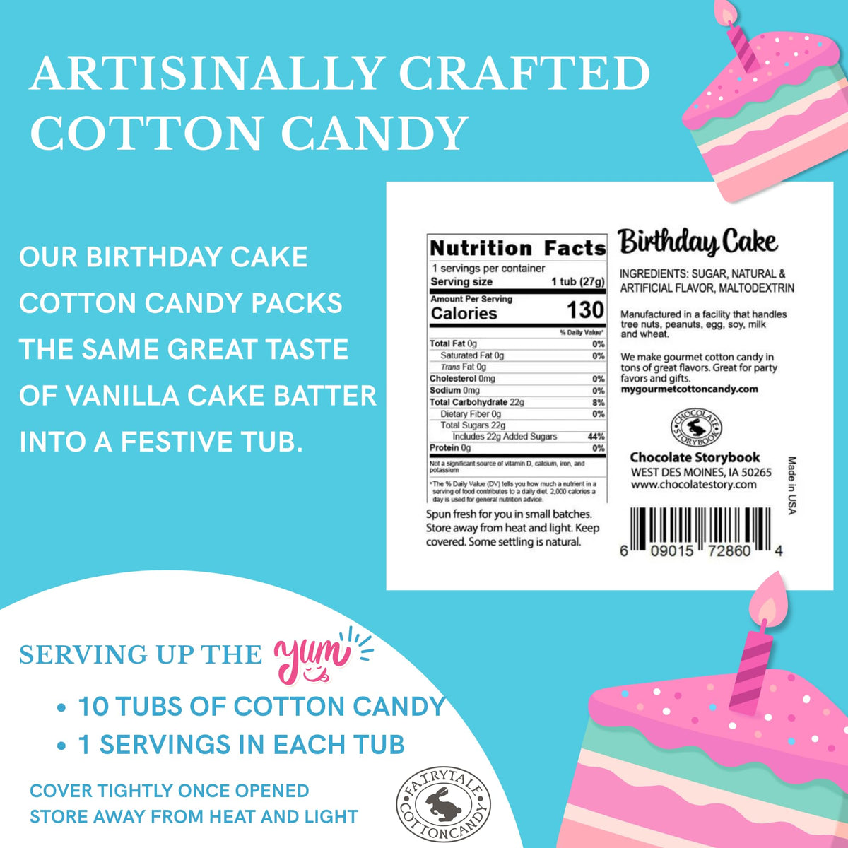 CHOCOLATE STORYBOOK Birthday Cake Cotton Candy Favors (Gift Set of 10) - Unique Ideas for Holidays, Birthdays, Celebrations, Party Favors