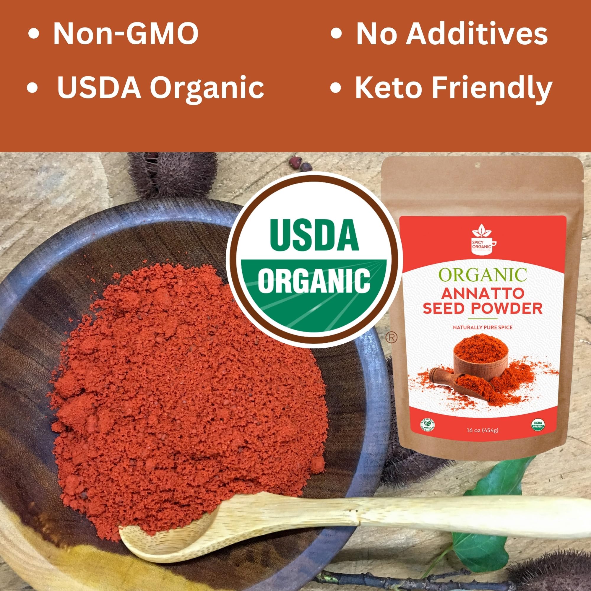 SPICY ORGANIC Annatto Powder 8 oz. - Certified USDA Organic - Ground Achiote Seed Spice for Seasoning and Cooking